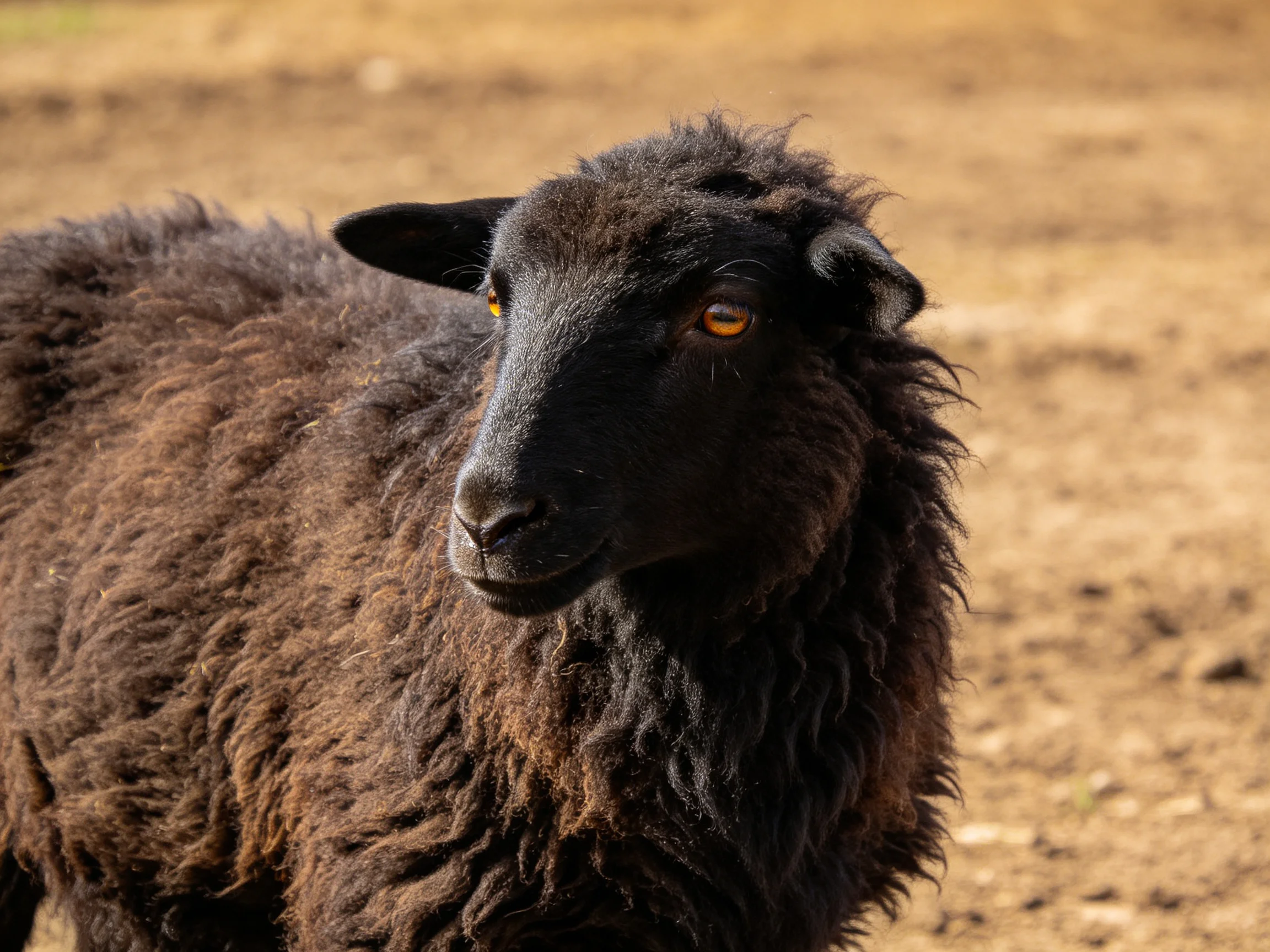 A black sheep with thick, curly wool in a dry, earthy field