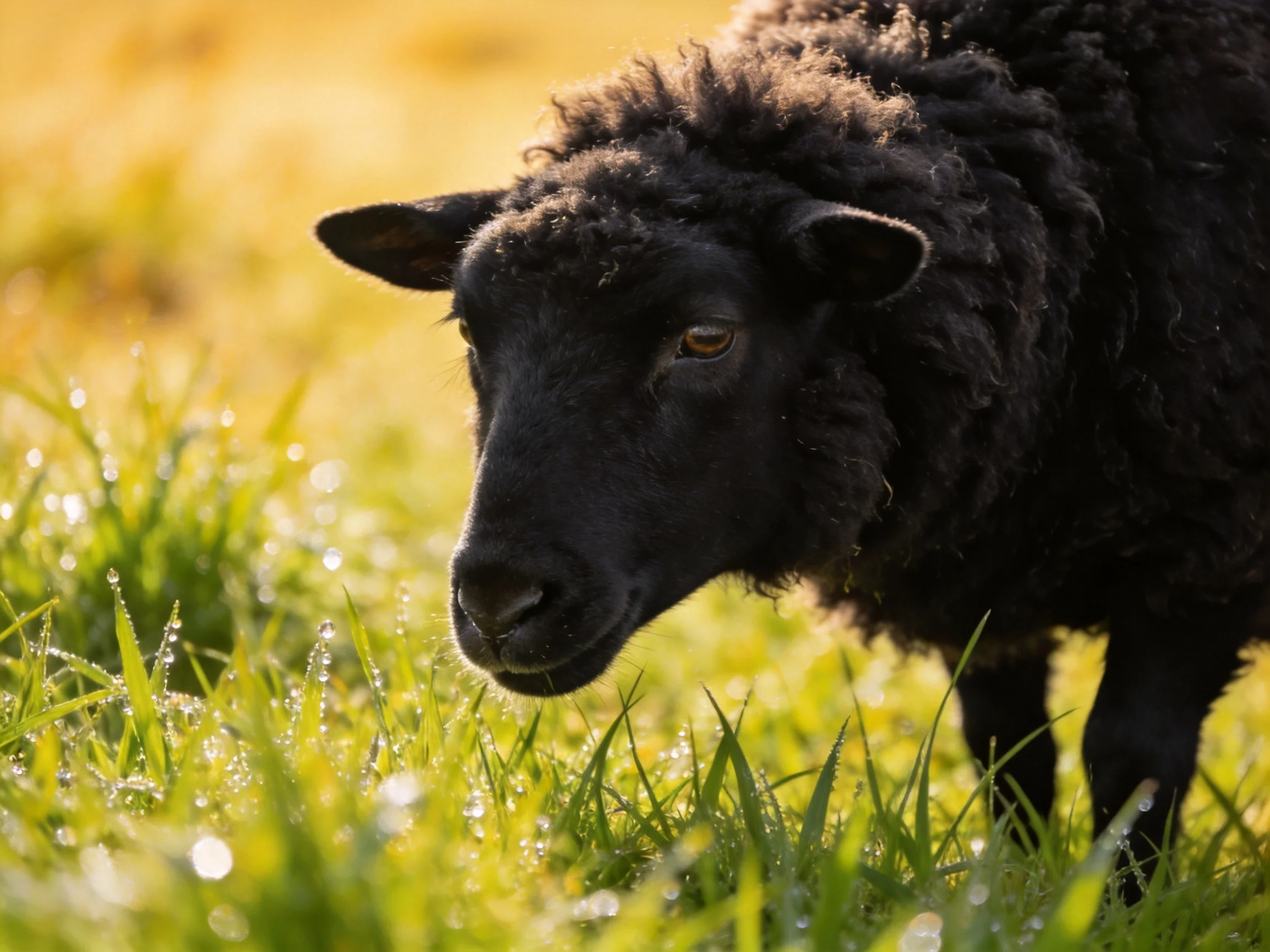 A black sheep with thick curly wool stands in dewy green grass under golden light