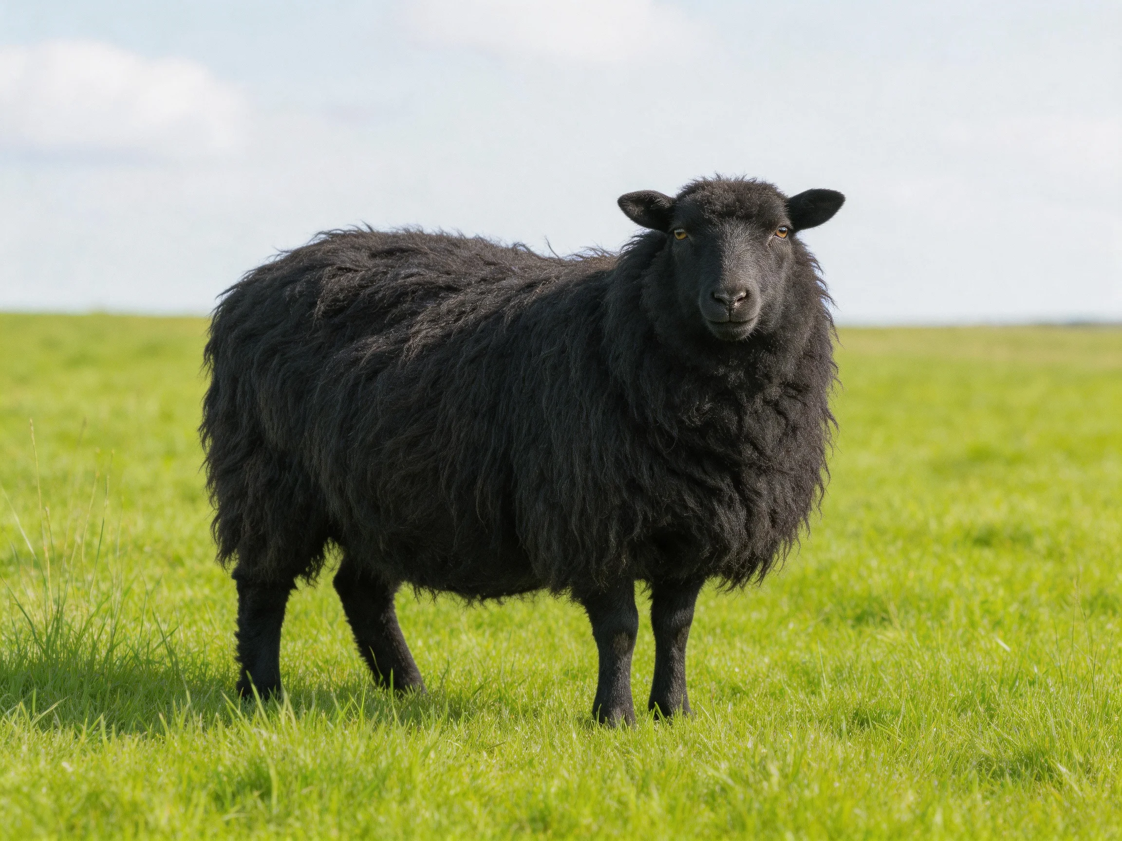 A black sheep with thick wool in a green meadow