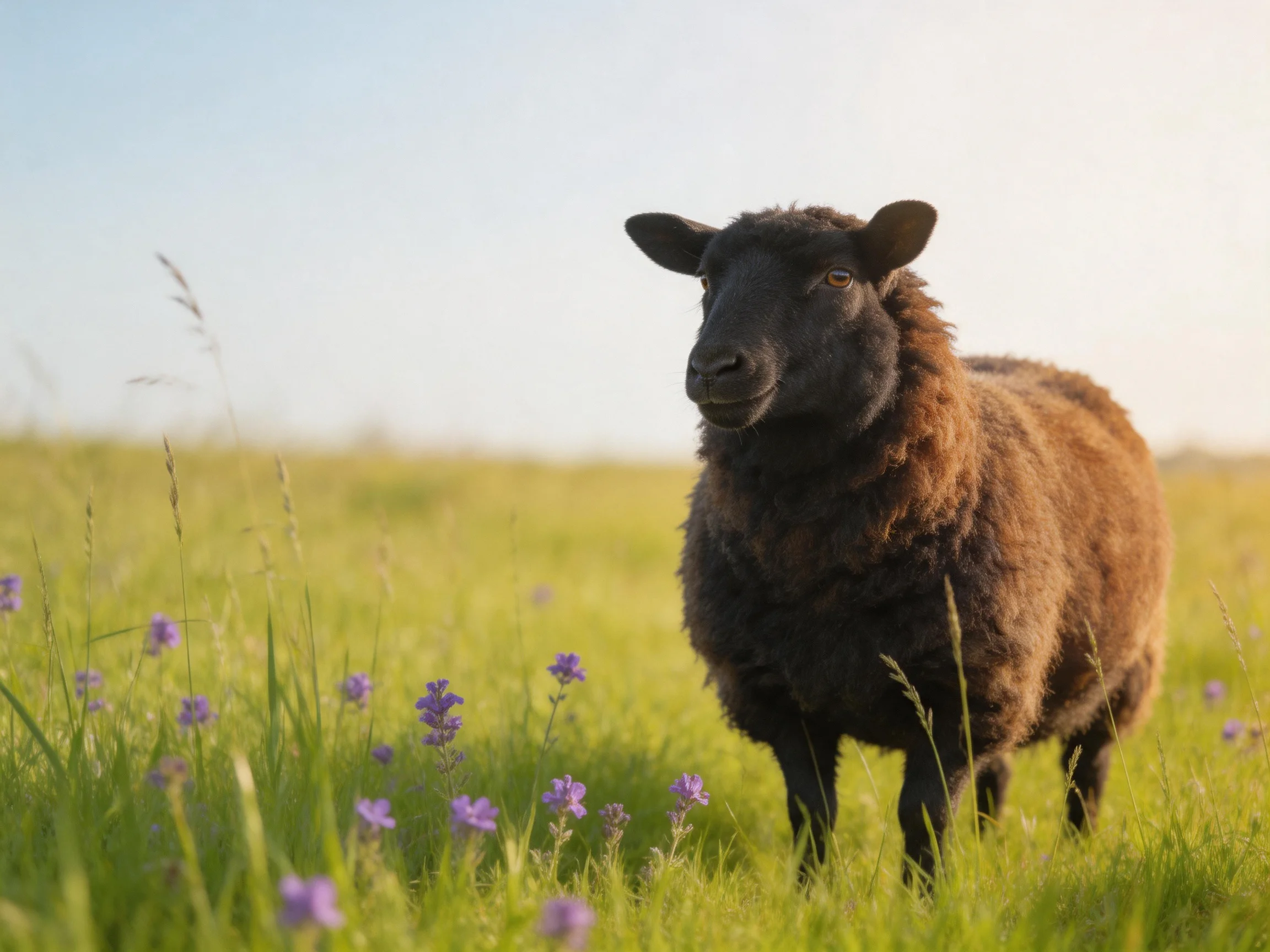 A black sheep with thick wool in a sunlit meadow of tall green grass