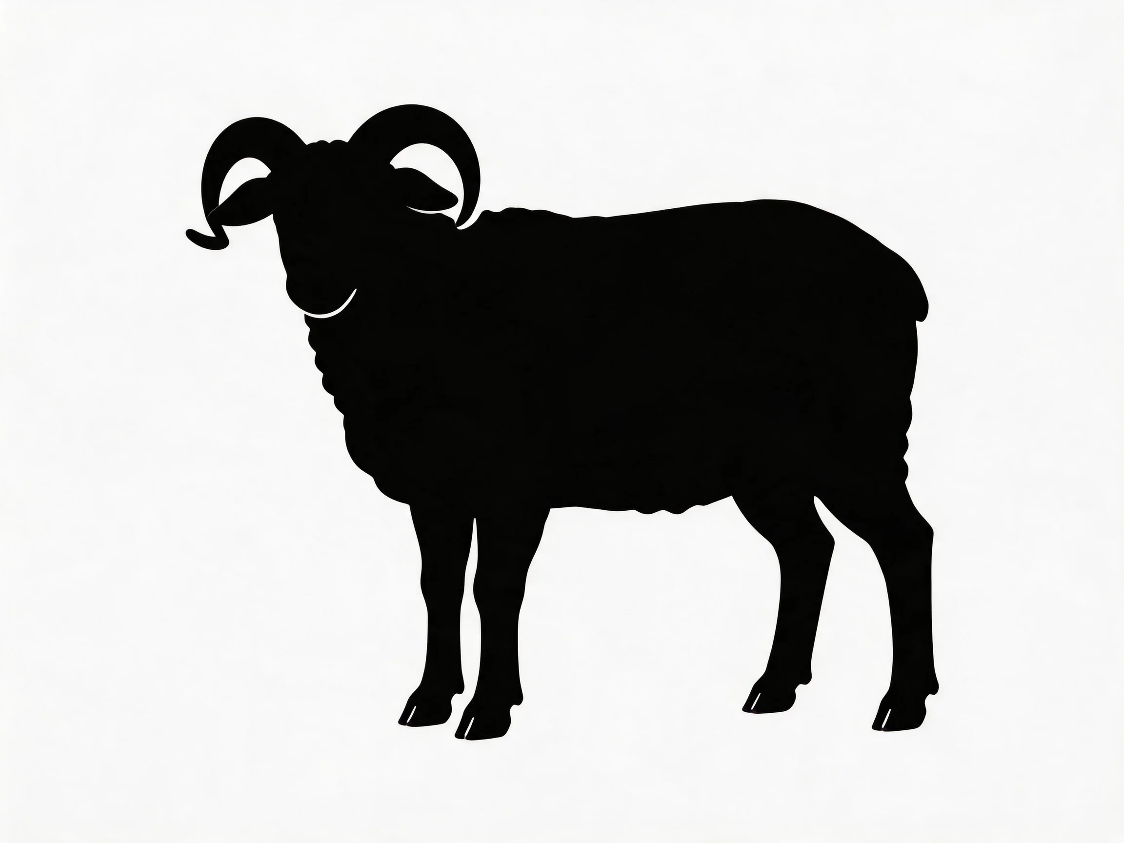 A black silhouette of a horned sheep with large curved horns