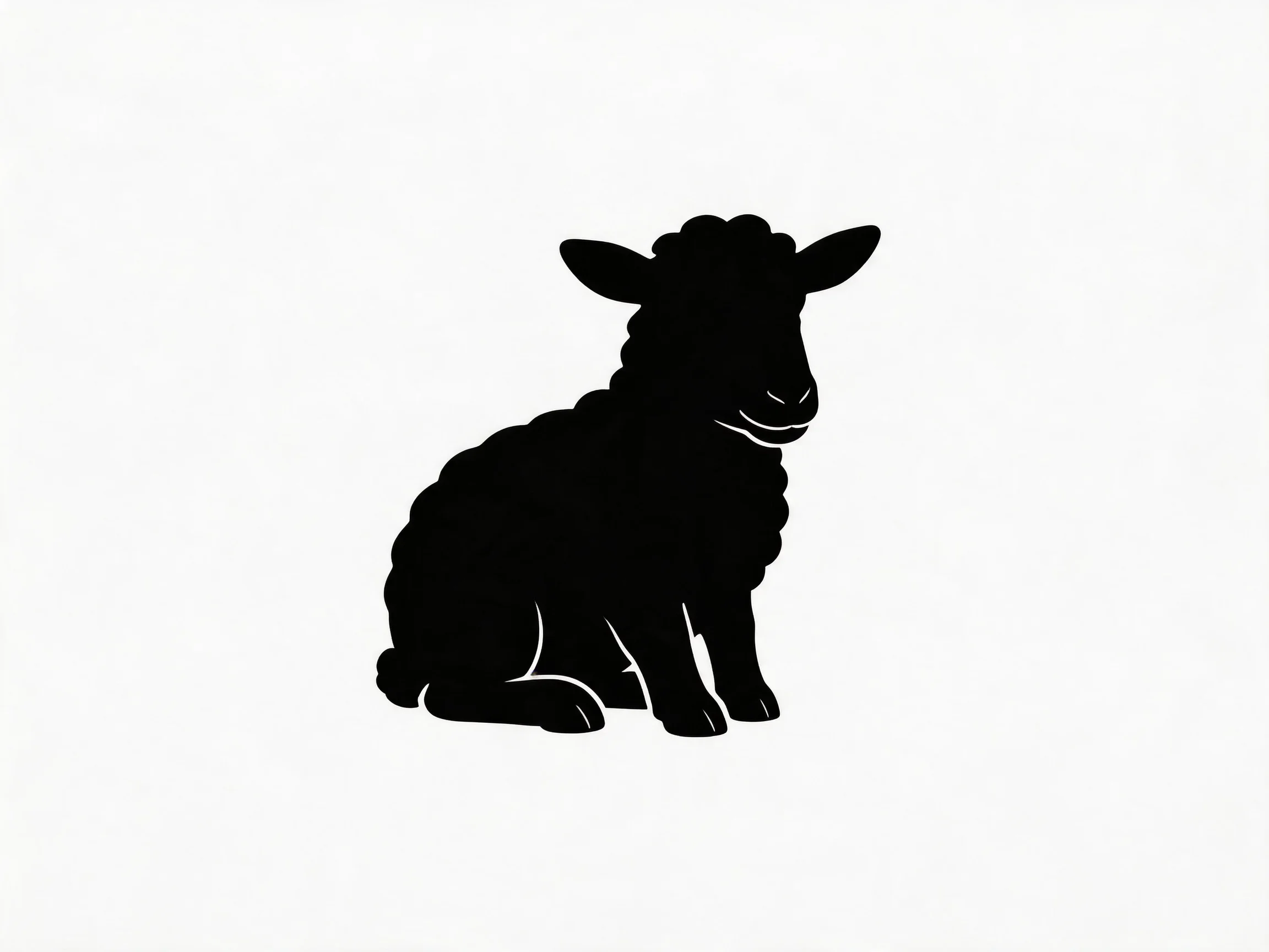 A black silhouette of a seated sheep with upright ears