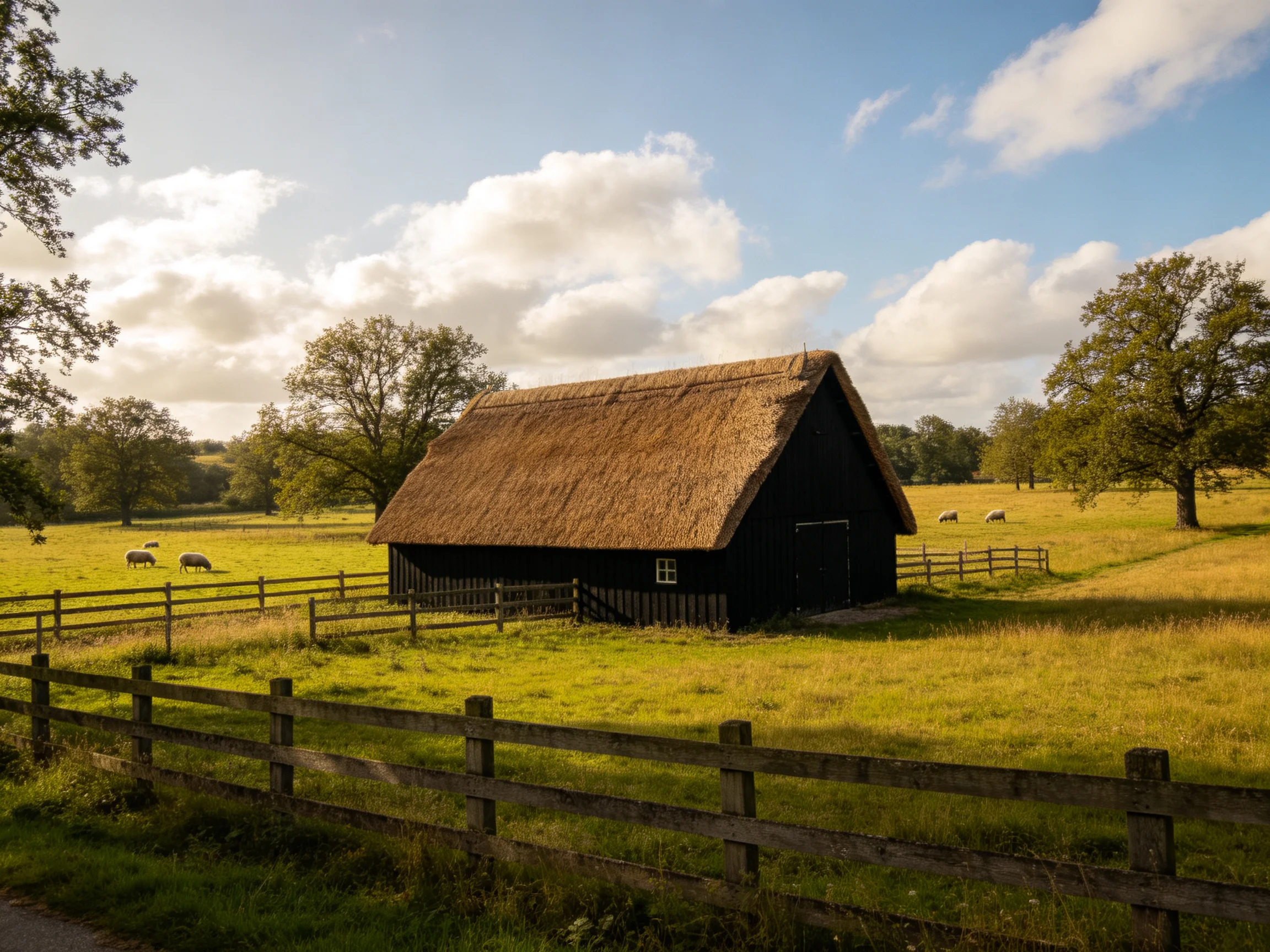 A black wooden barn with a straw-thatched roof in a golden field