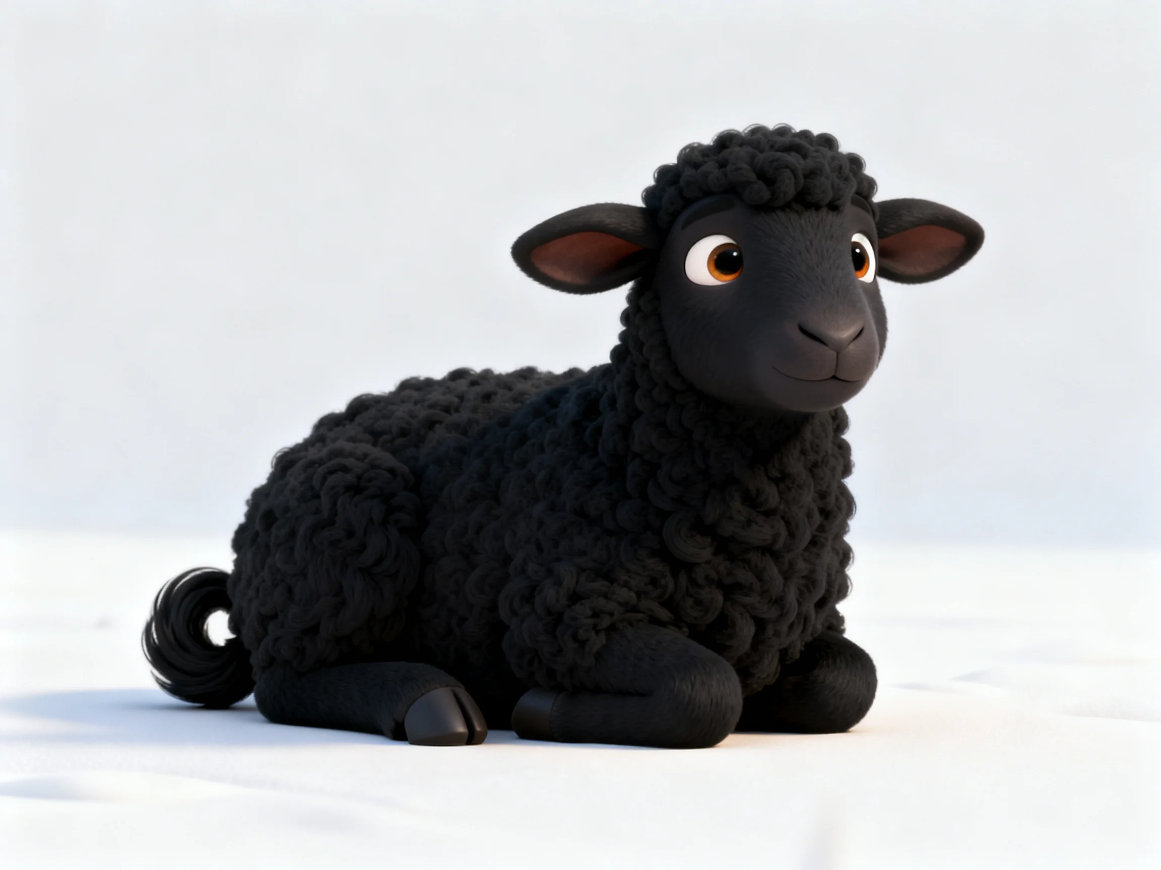 A black woolly sheep figurine resting on a bright white surface