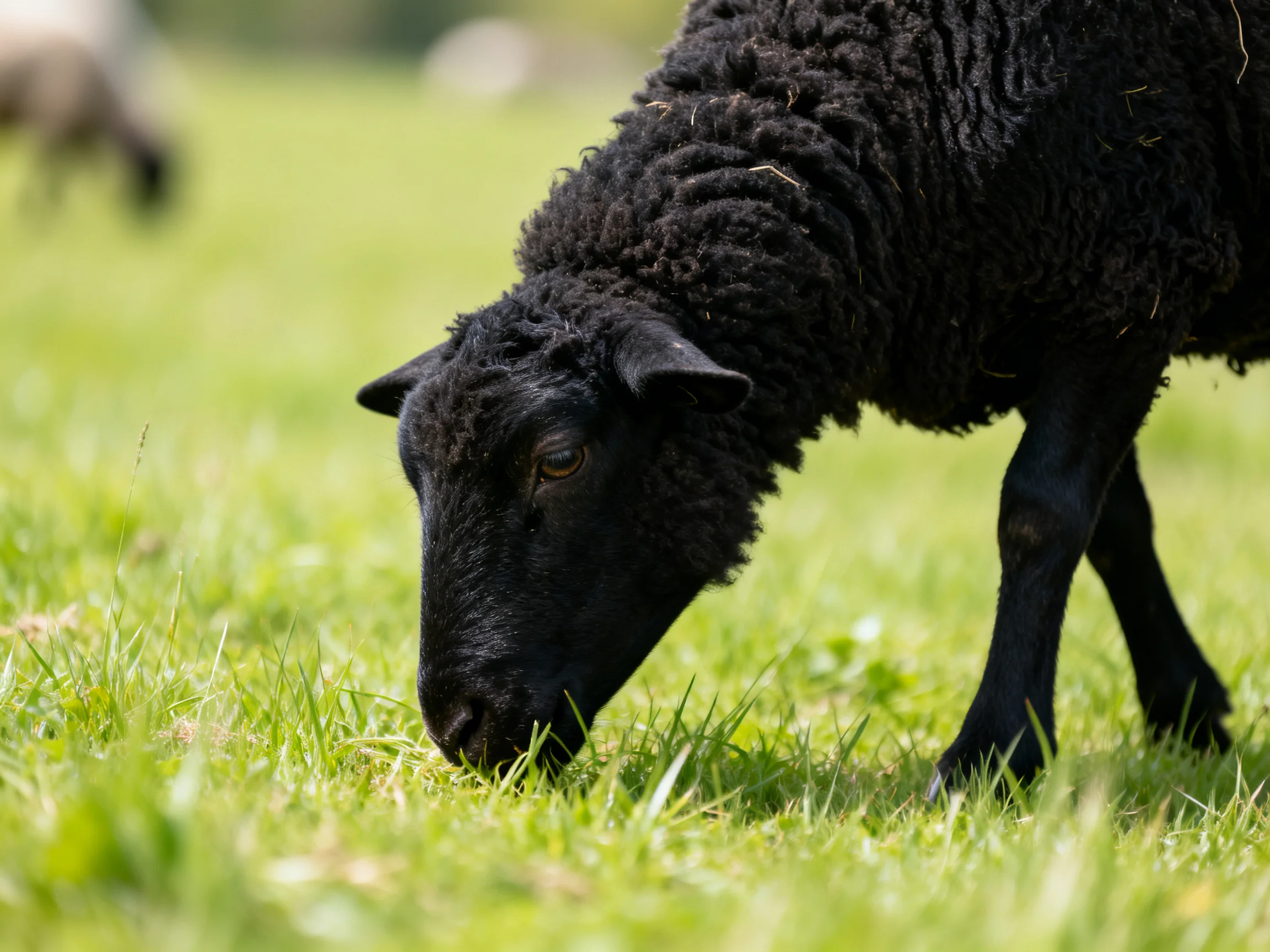 A black woolly sheep grazing in lush green pasture