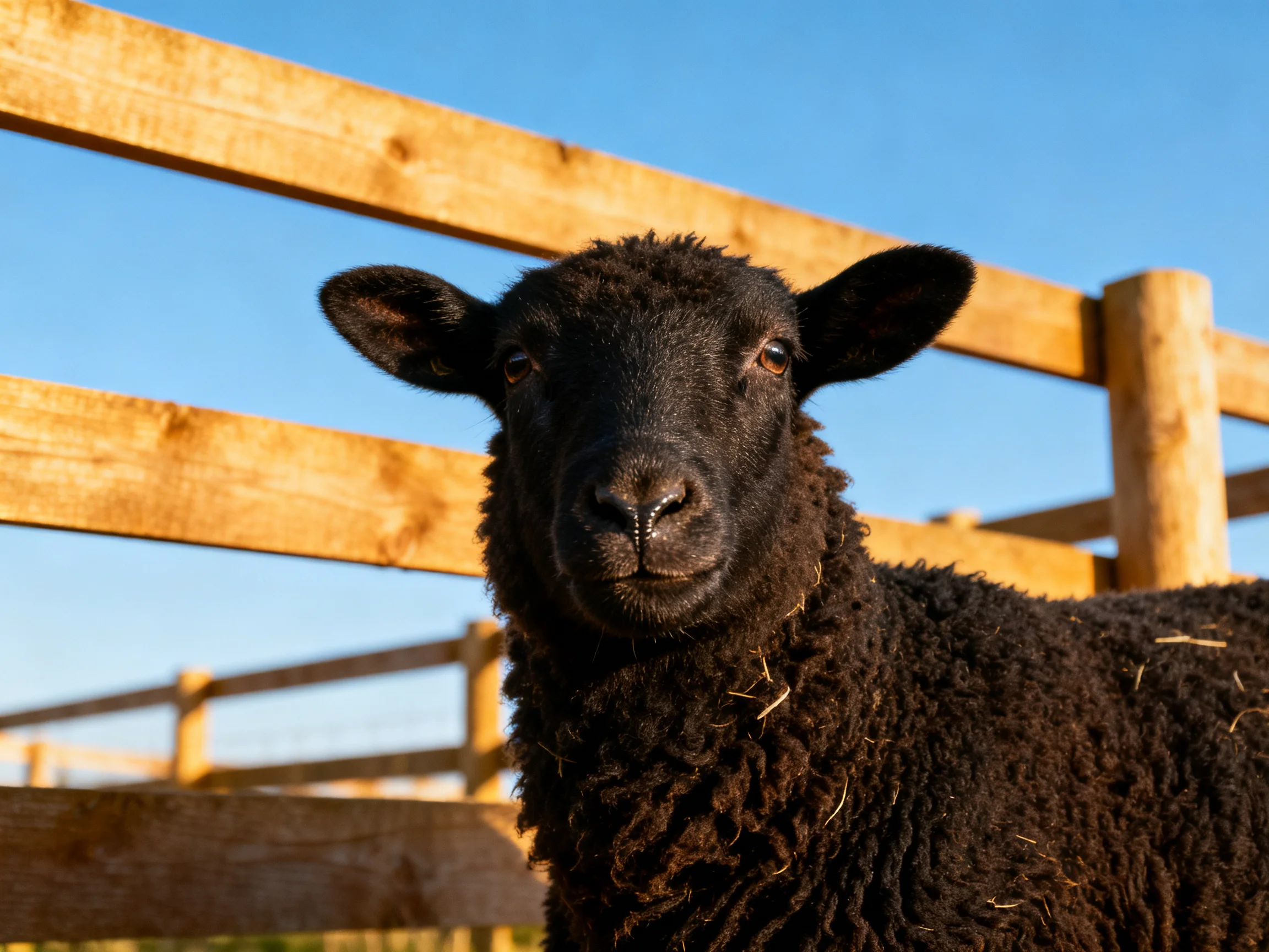 A black woolly sheep near a wooden farm fence under bright blue sky