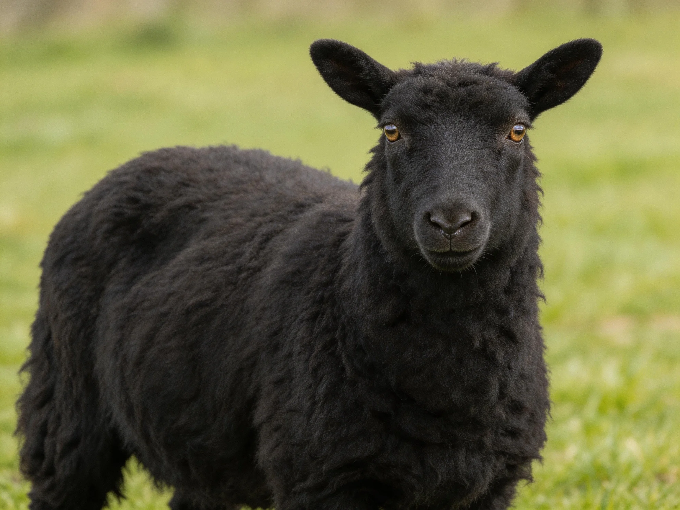 A black woolly sheep stands in a lush green meadow