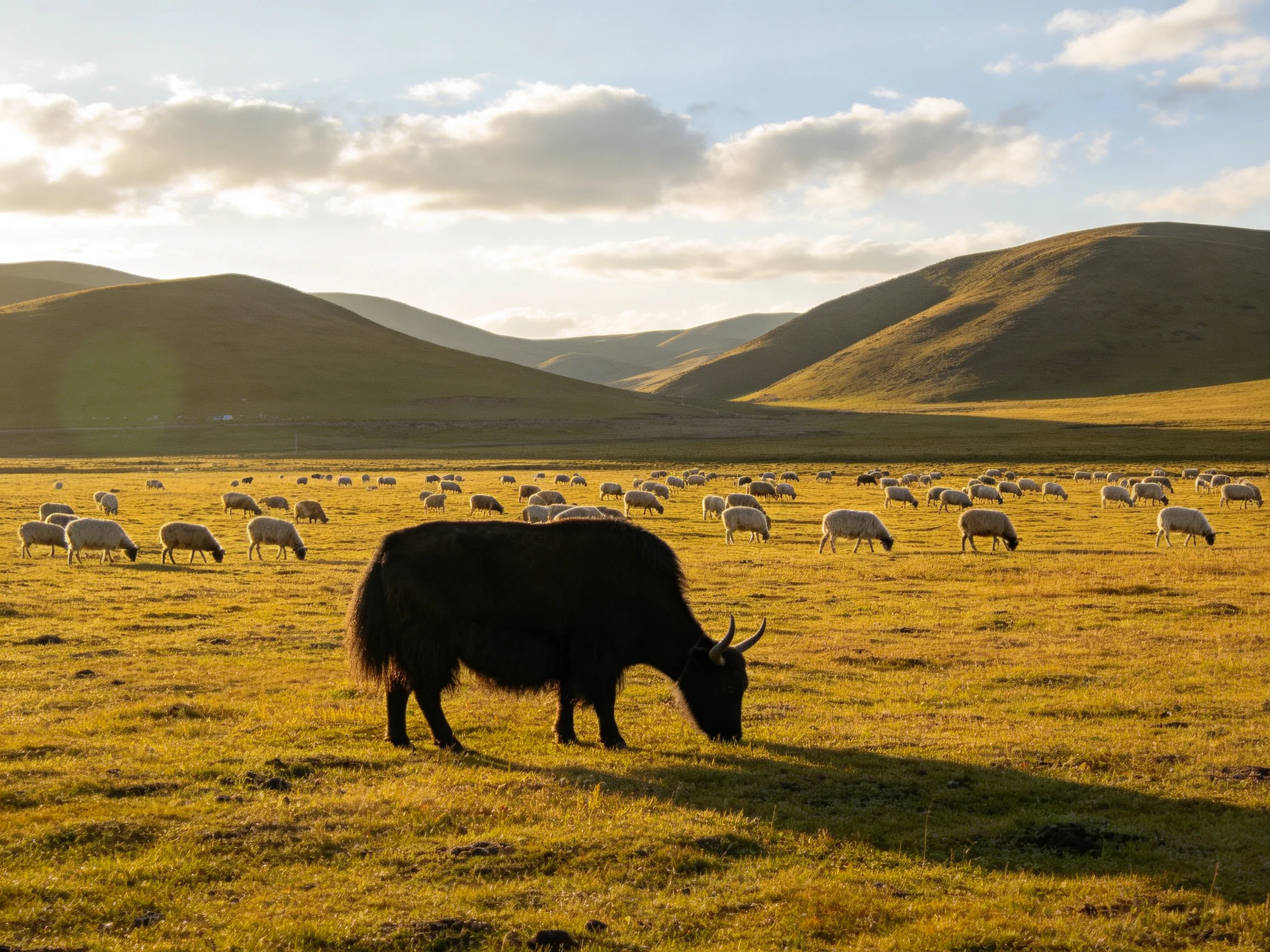 A black yak grazes amid white sheep on a golden grassland with rolling hills