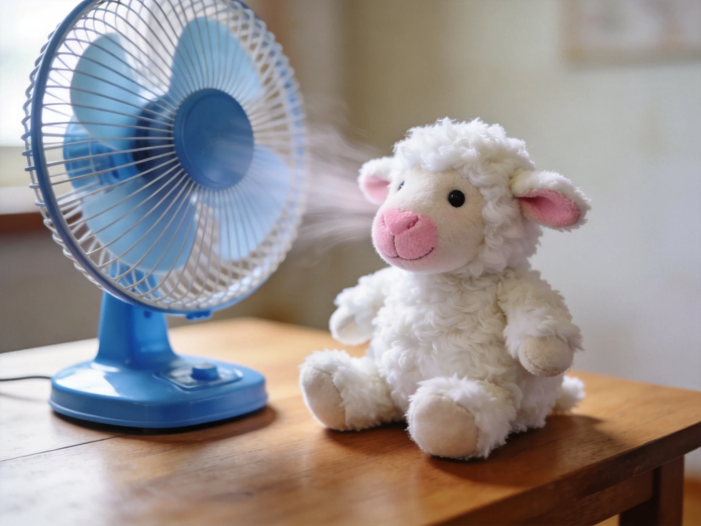 A blue electric fan blows air toward a fluffy white stuffed lamb