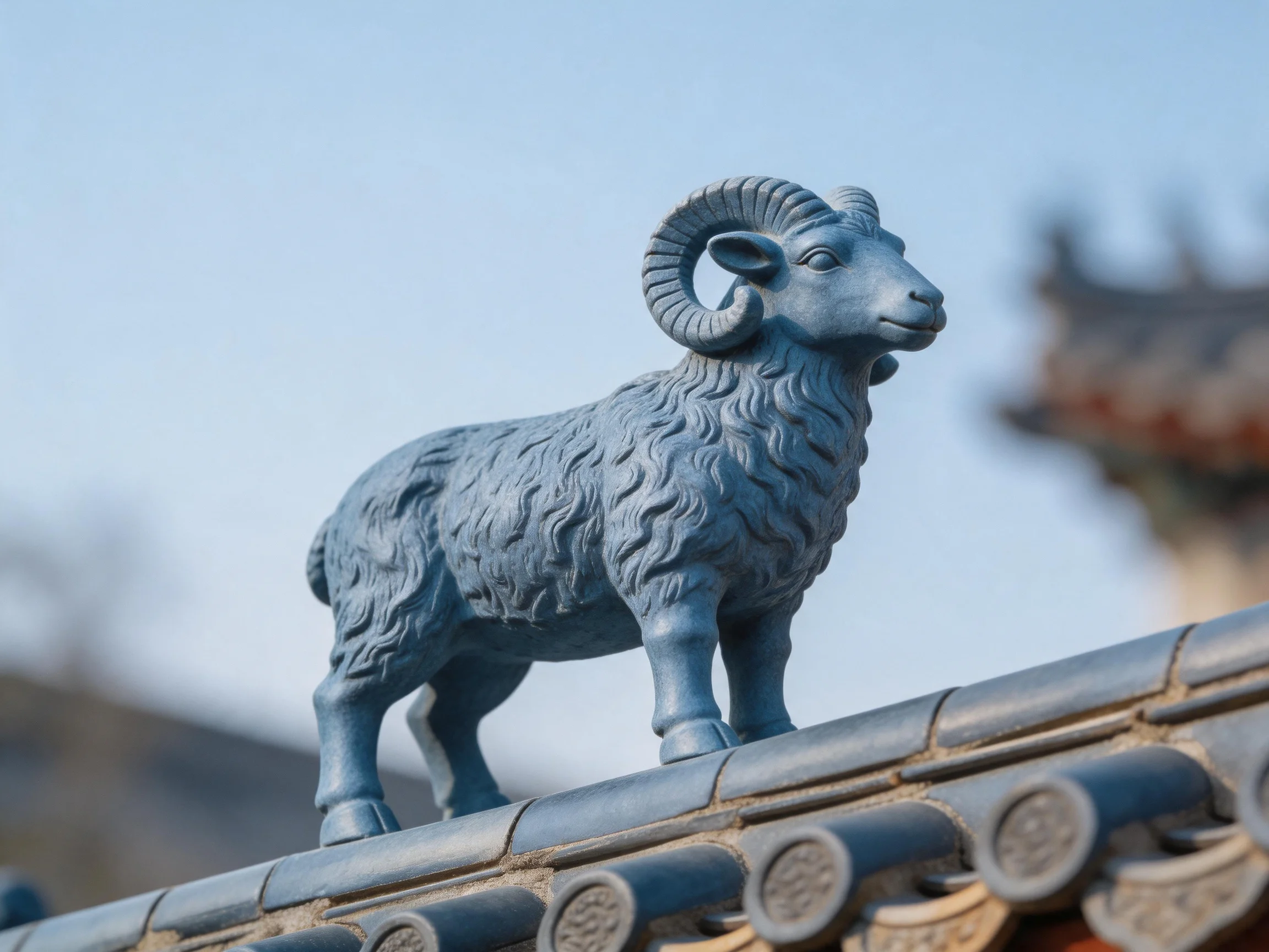 A blue ram sculpture atop traditional architectural tiles