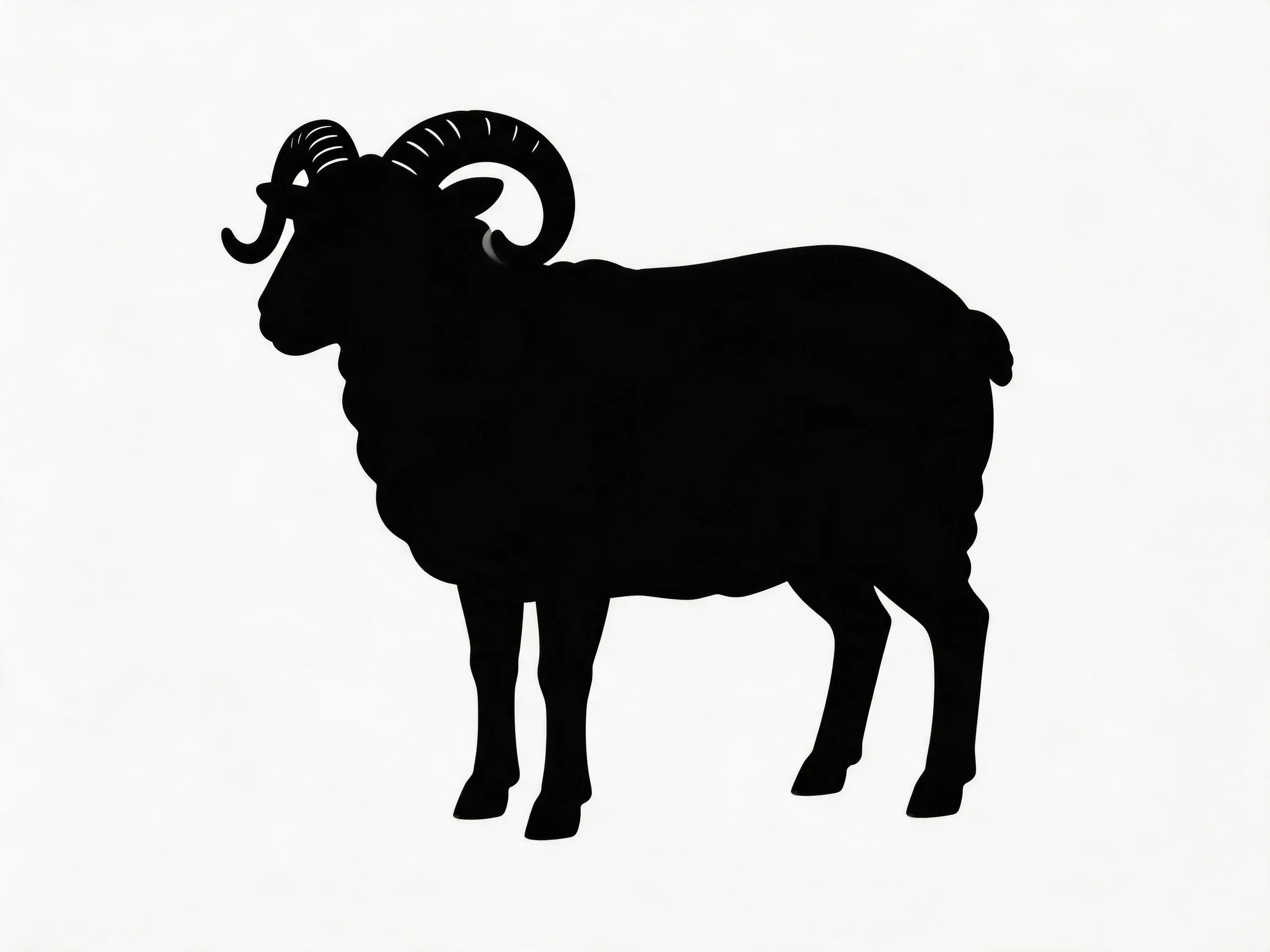A bold black silhouette of a horned ram with large curved horns
