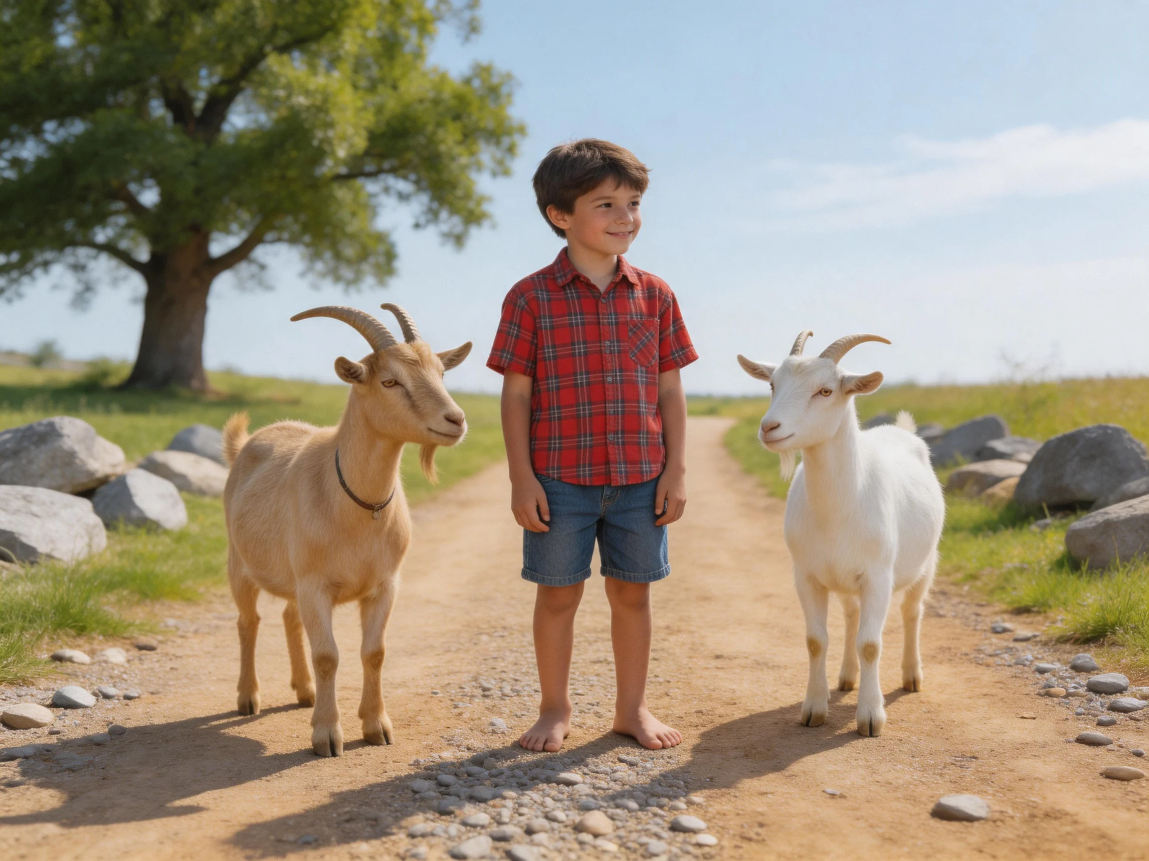 A boy between tan and white goats on a sunlit dirt path