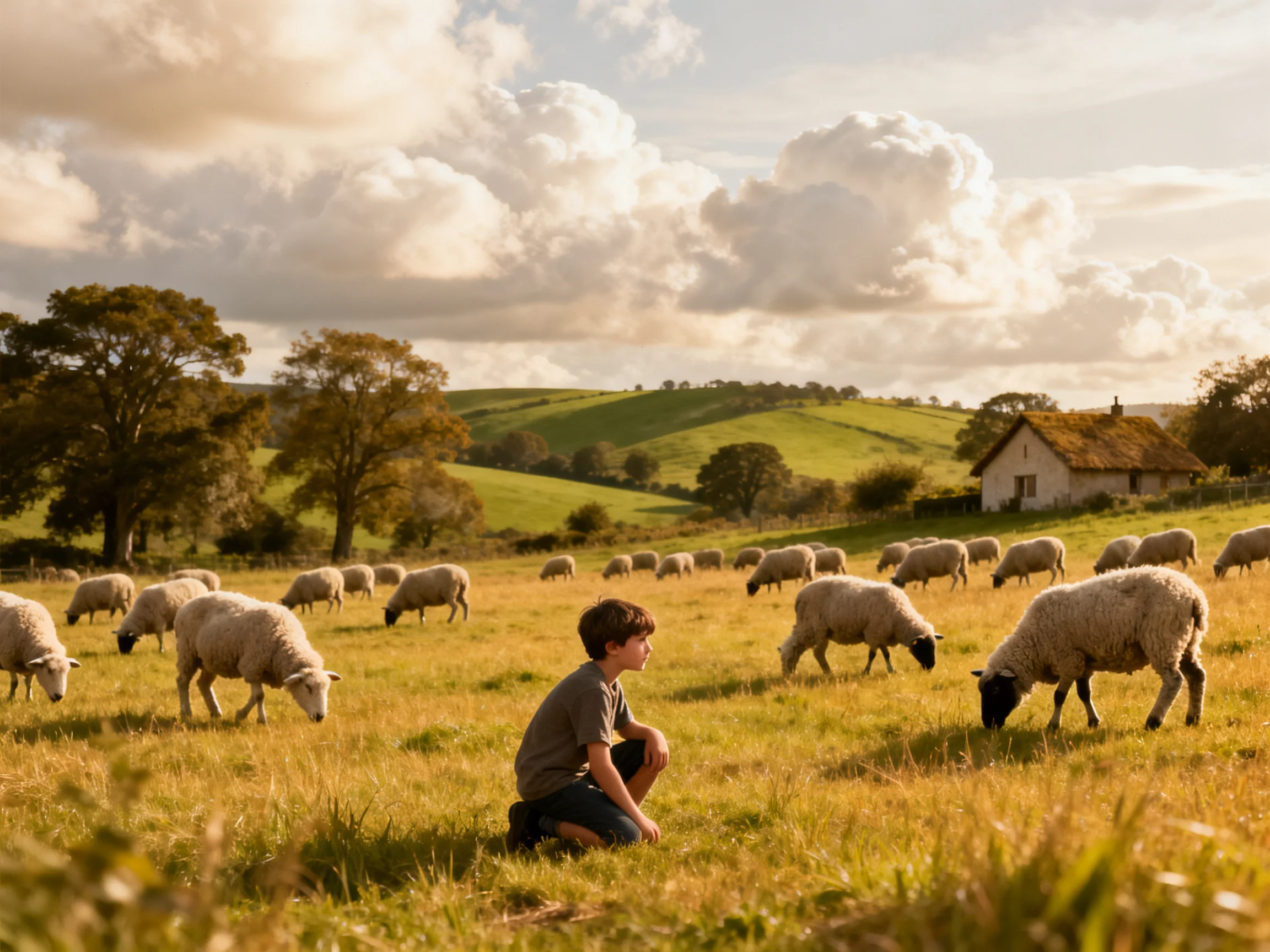 A boy crouches among sheep in a sunlit field