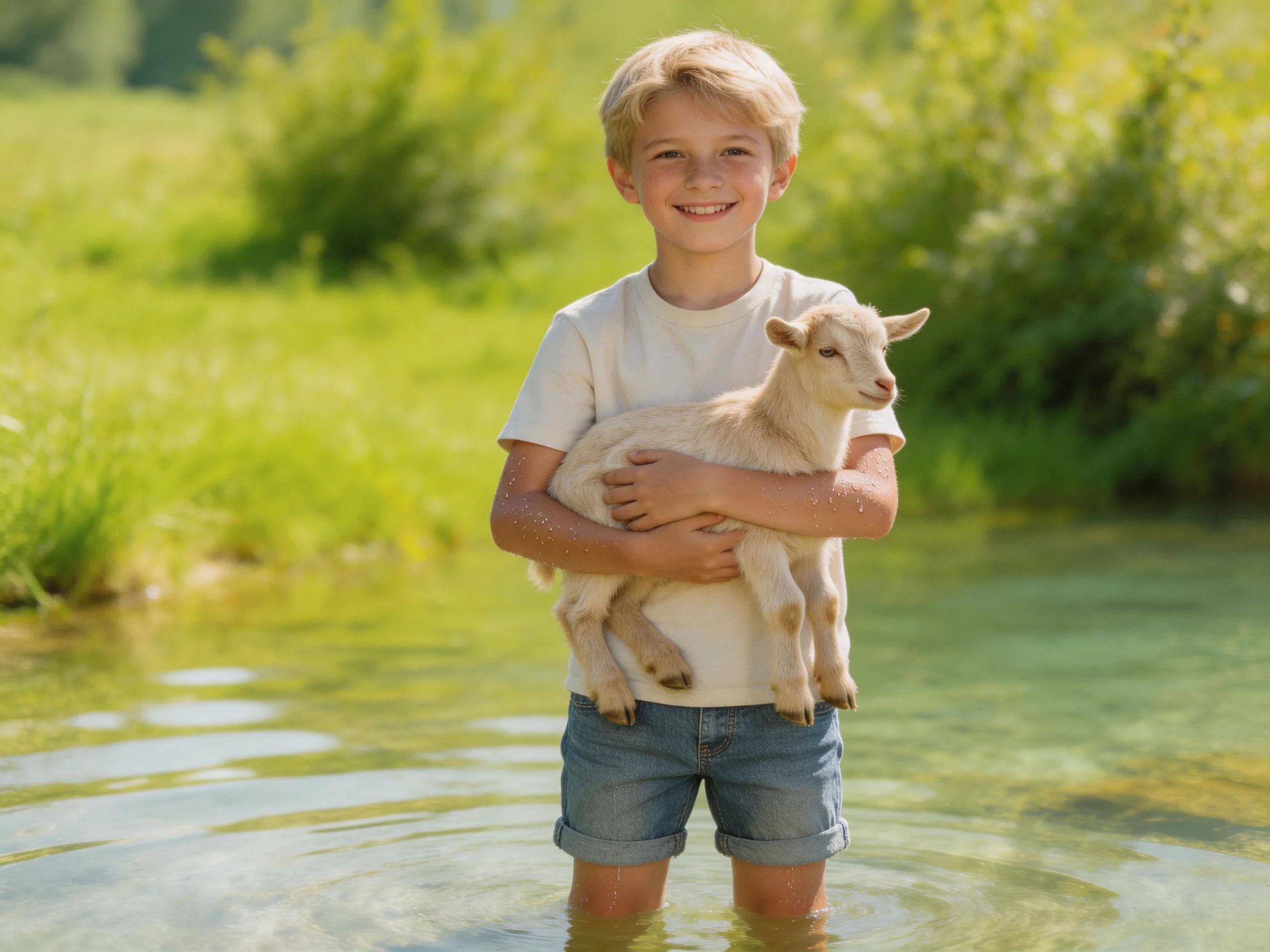 A boy holding a small goat in shallow green water