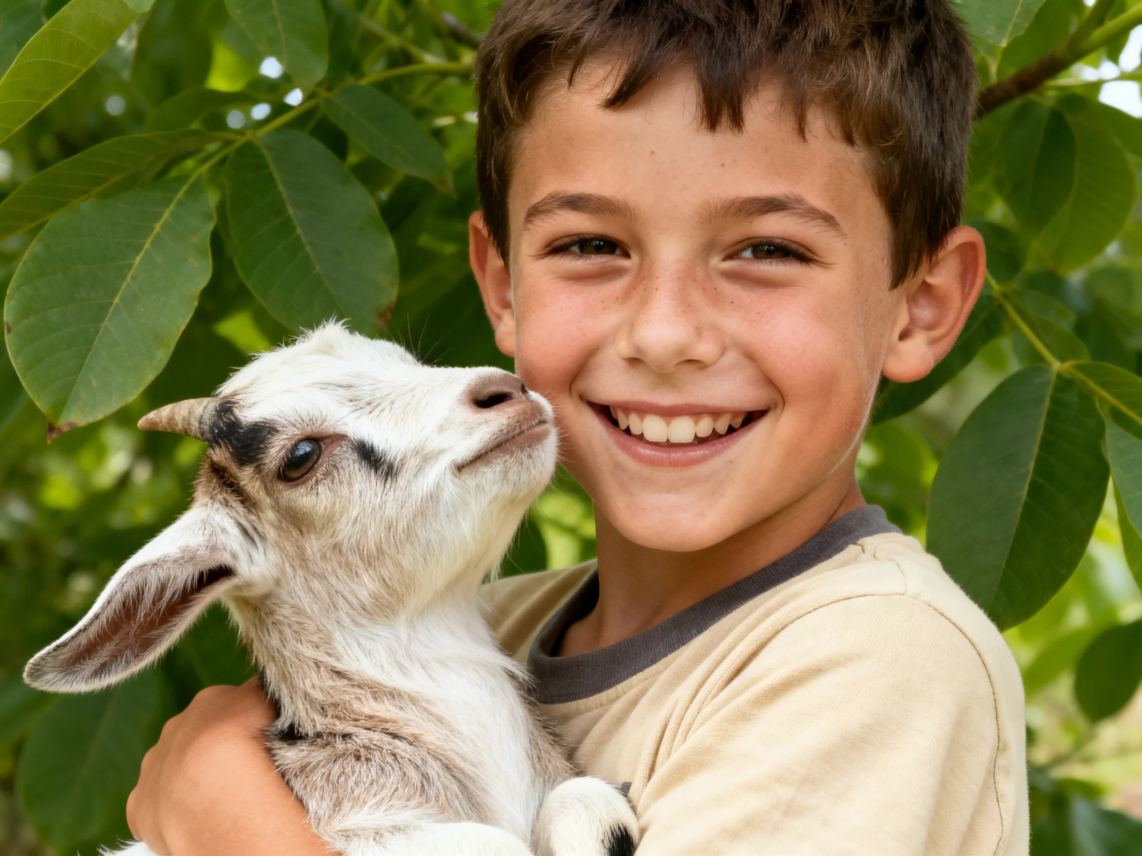 A boy holding a small white and brown goat near dense green foliage
