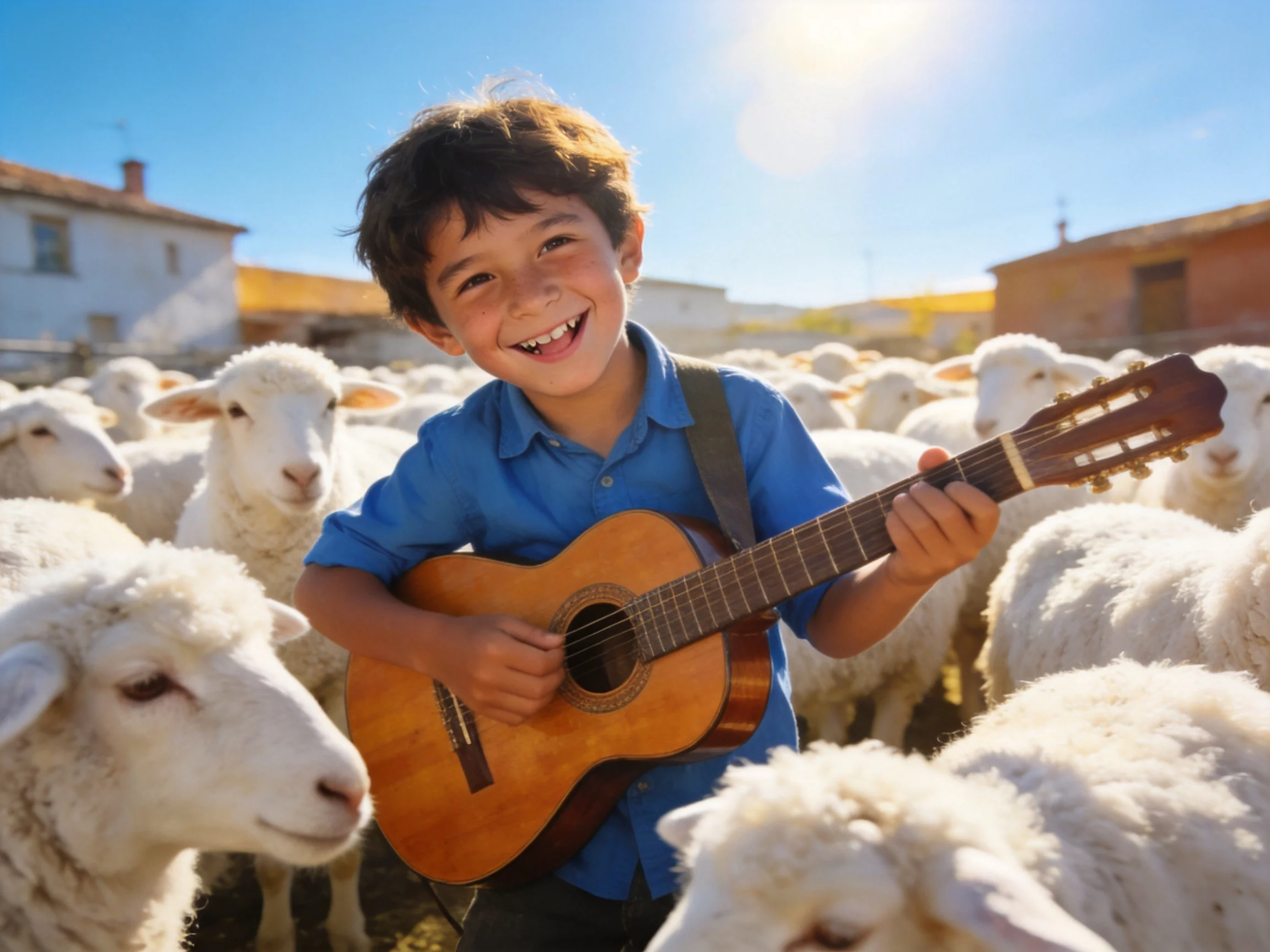 A boy in a blue shirt plays guitar among white sheep