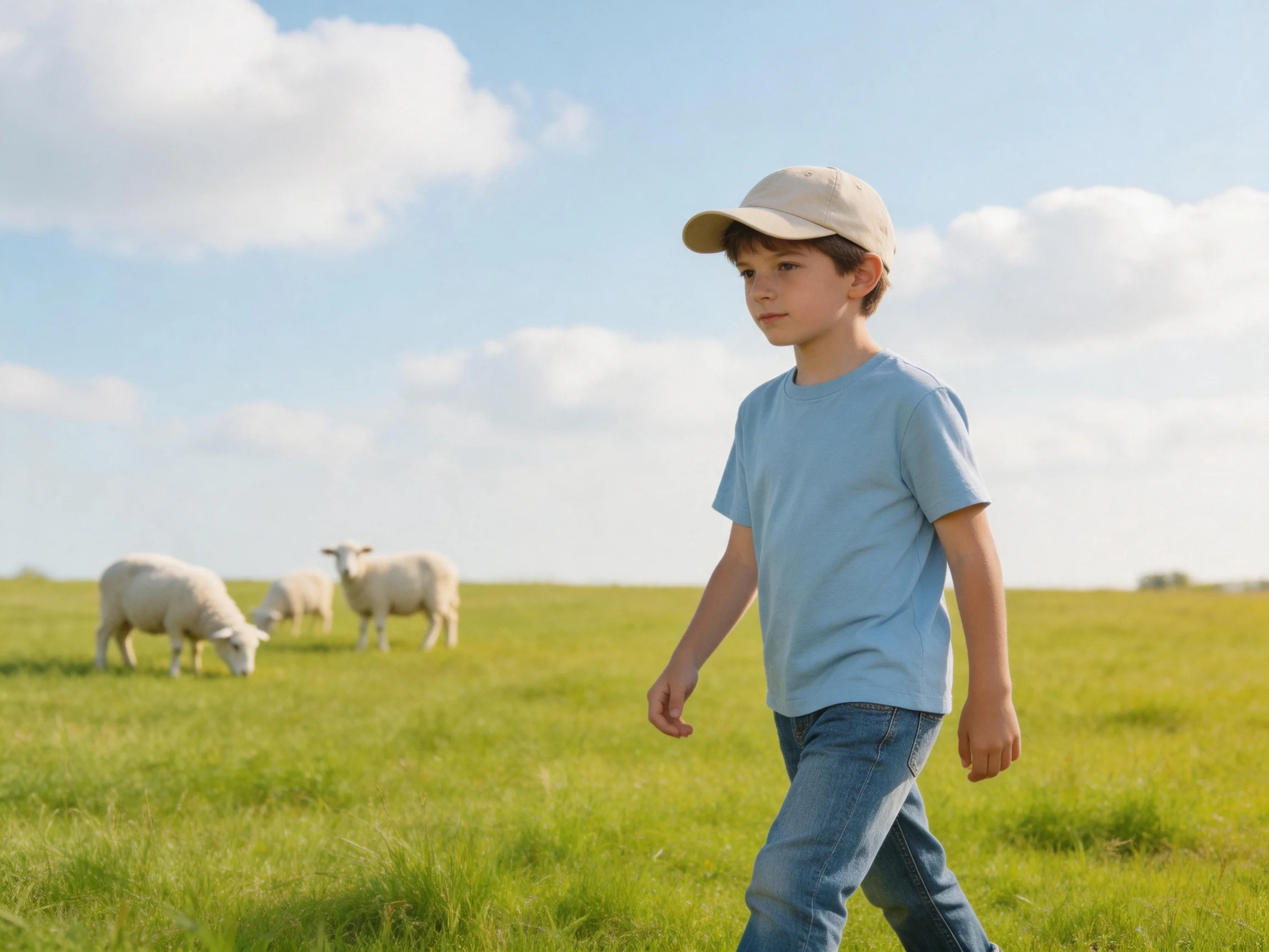 A boy in a light blue shirt walks near grazing sheep in a sunny meadow