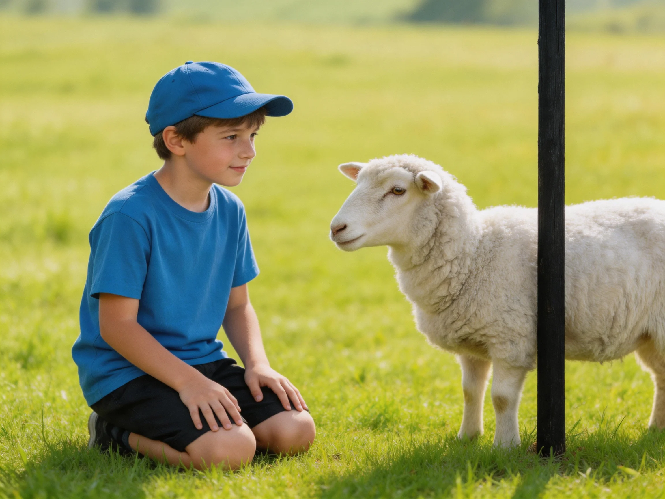 A boy in blue clothing kneels near a white lamb in a green meadow