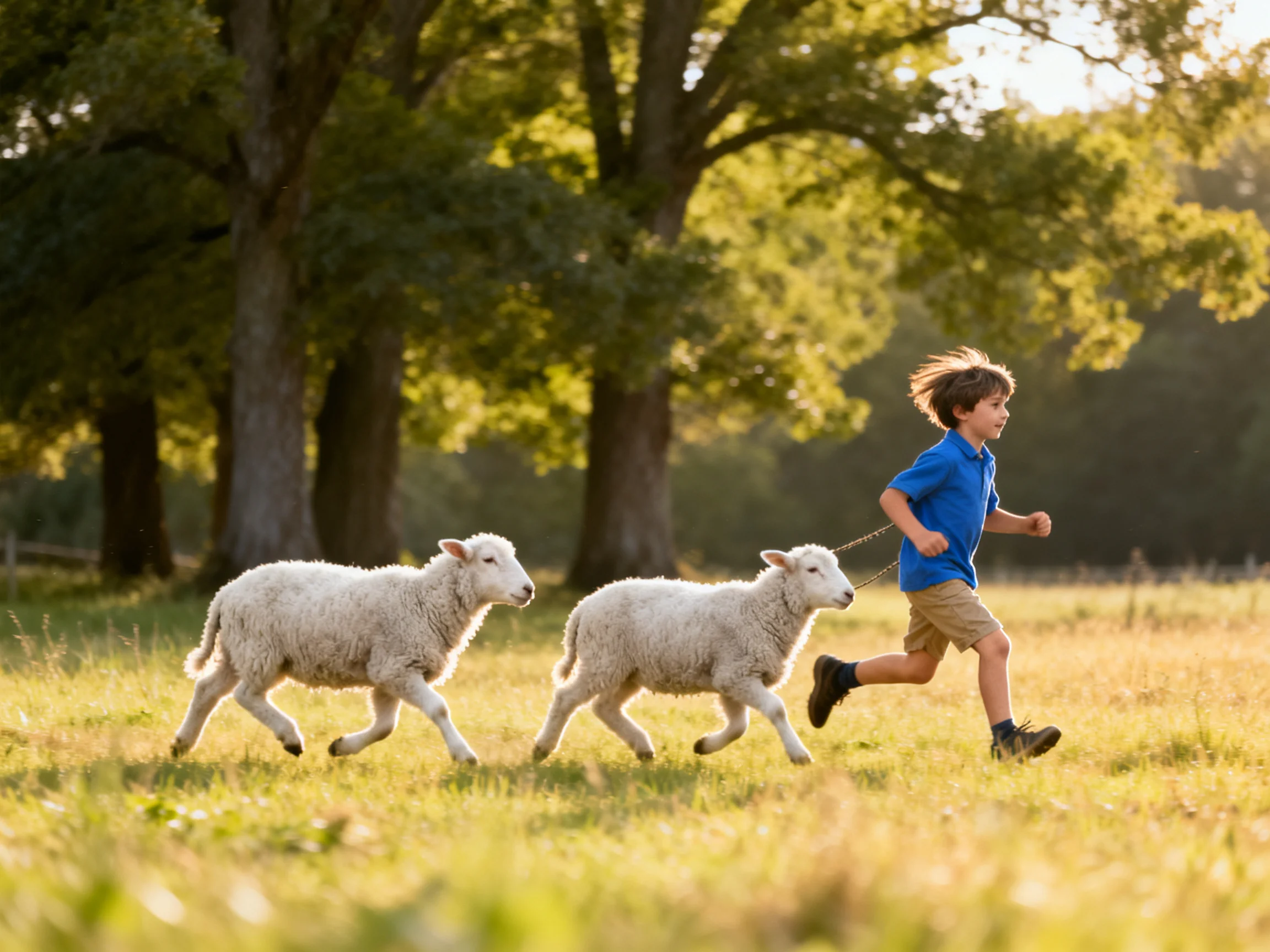 A boy running with two white lambs in a sunlit meadow