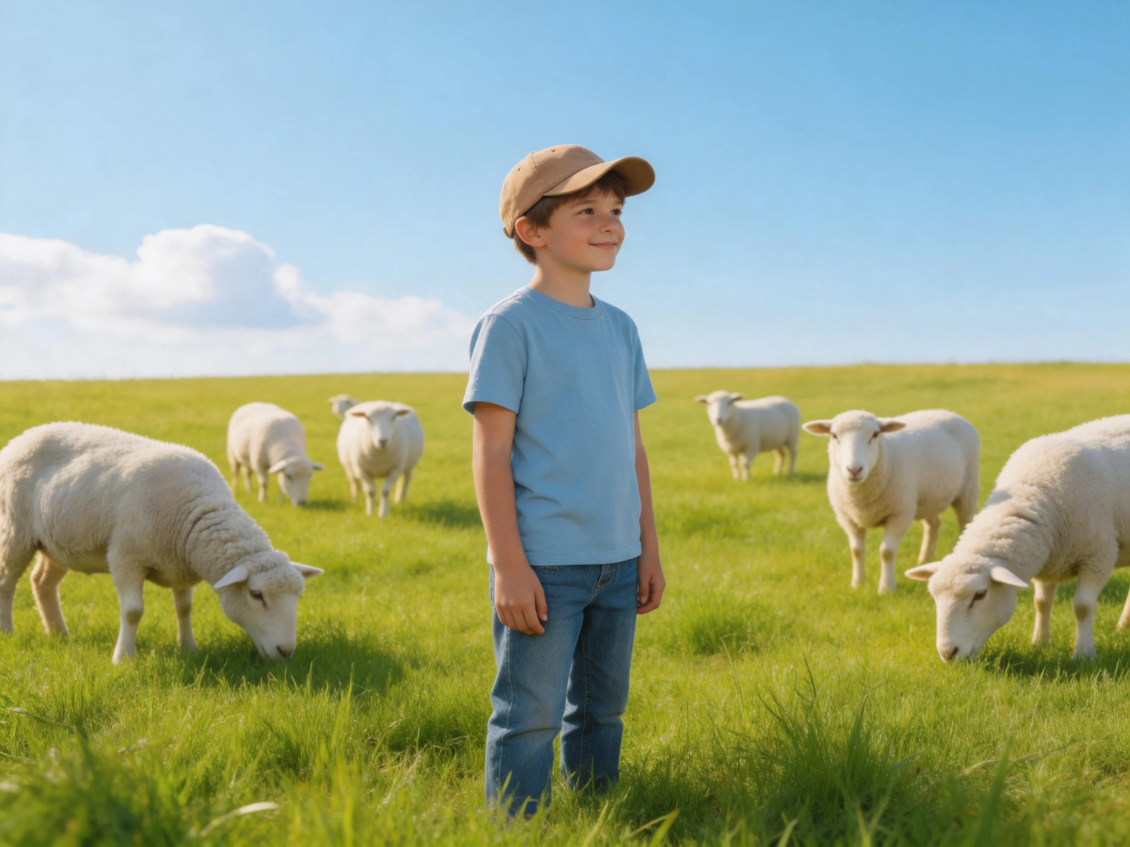 A boy stands among seven sheep on a lush green pasture under clear blue sky