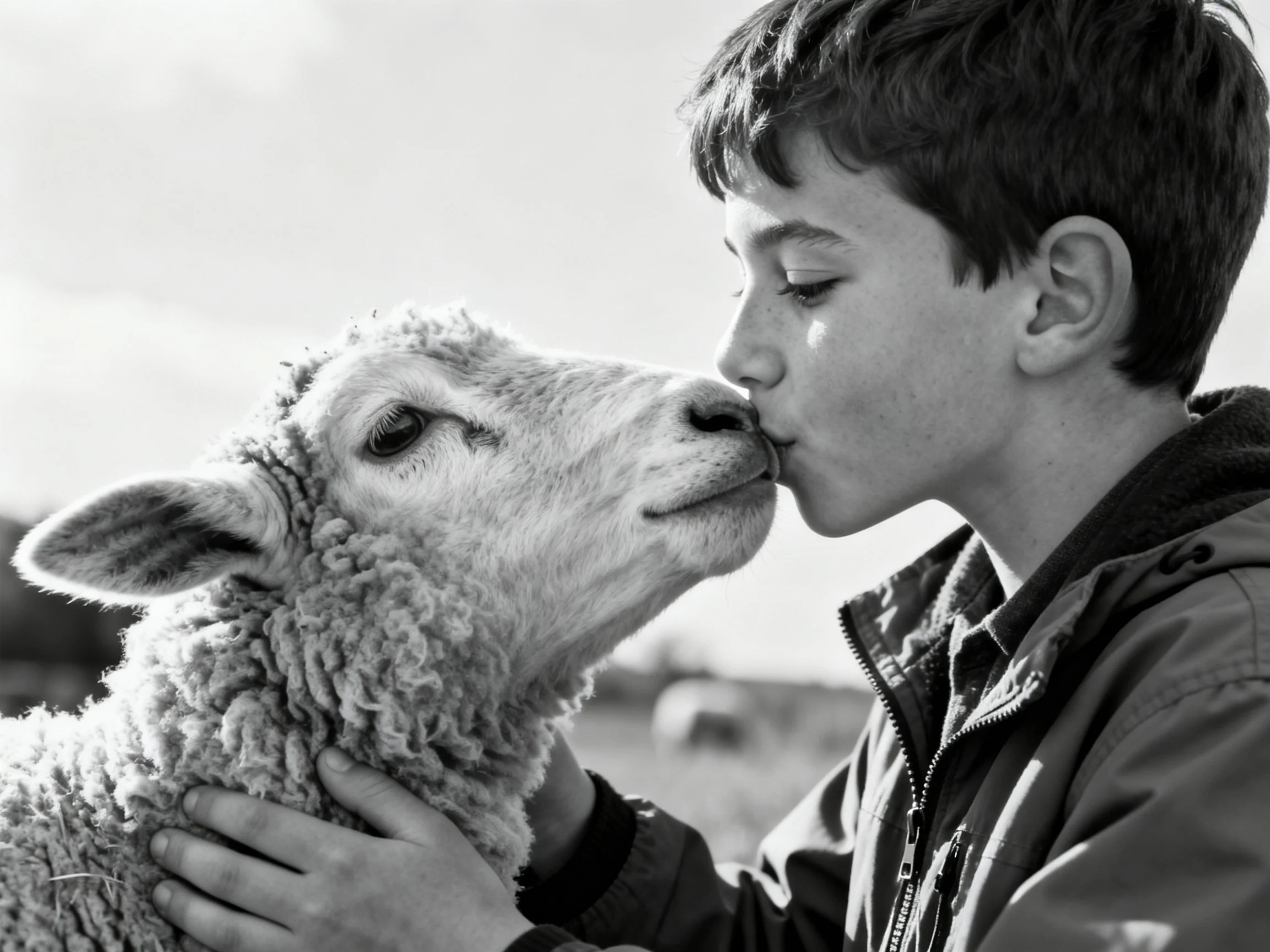 A boy tenderly kisses a woolly sheep outdoors