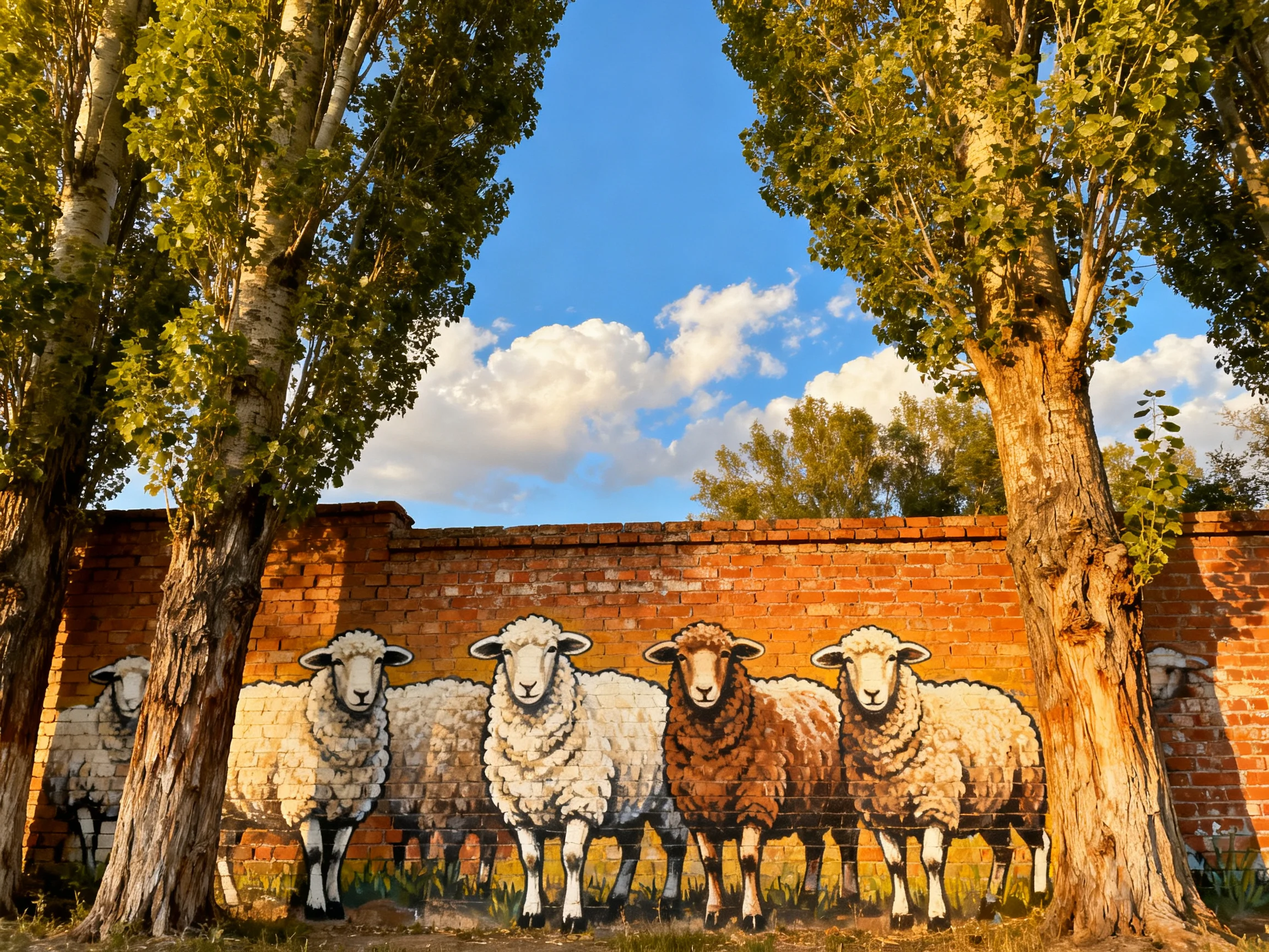 A brick wall features a colorful sheep mural between tall trees