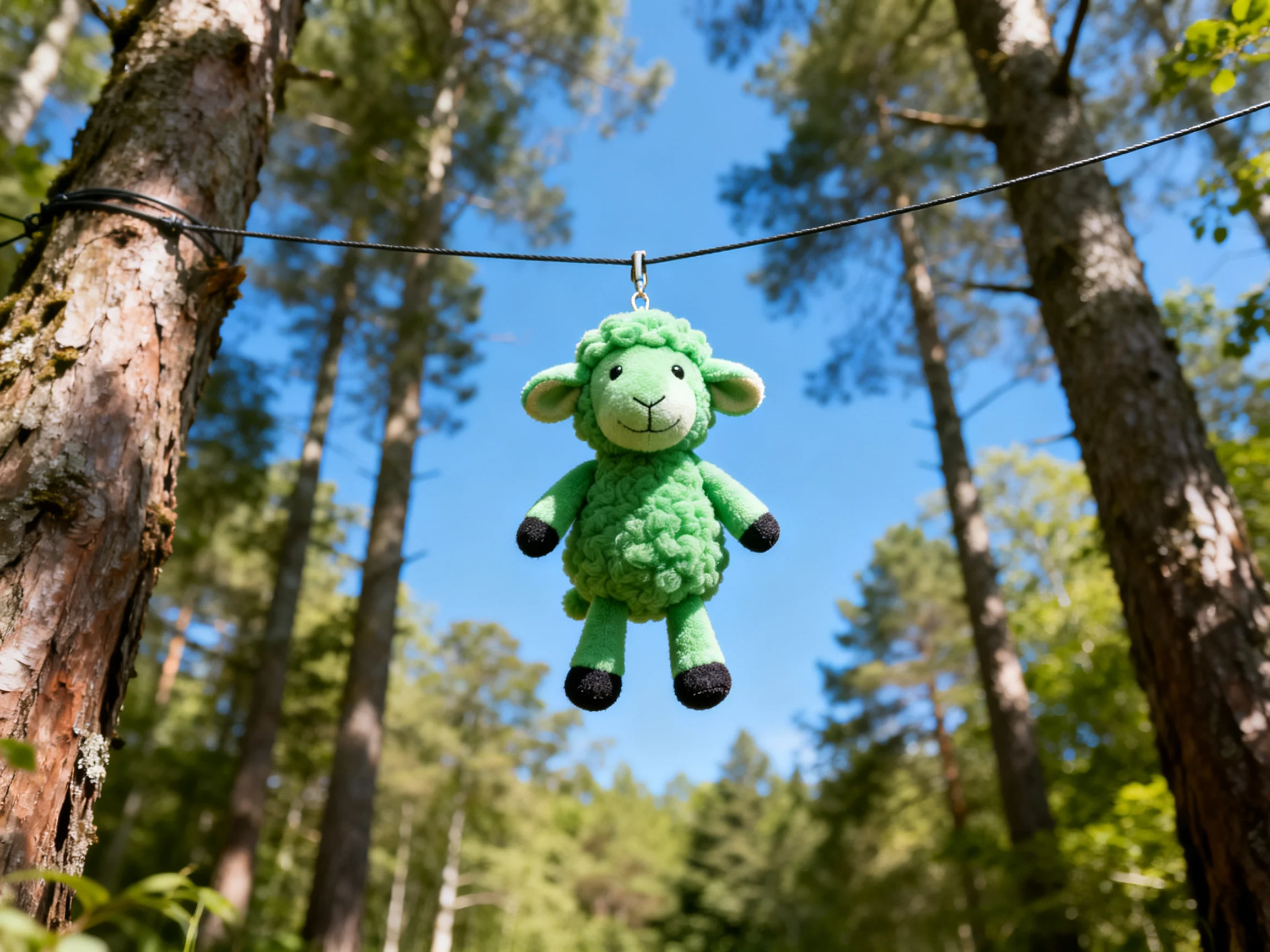 A bright green plush sheep hangs from a wire amid tall forest trees