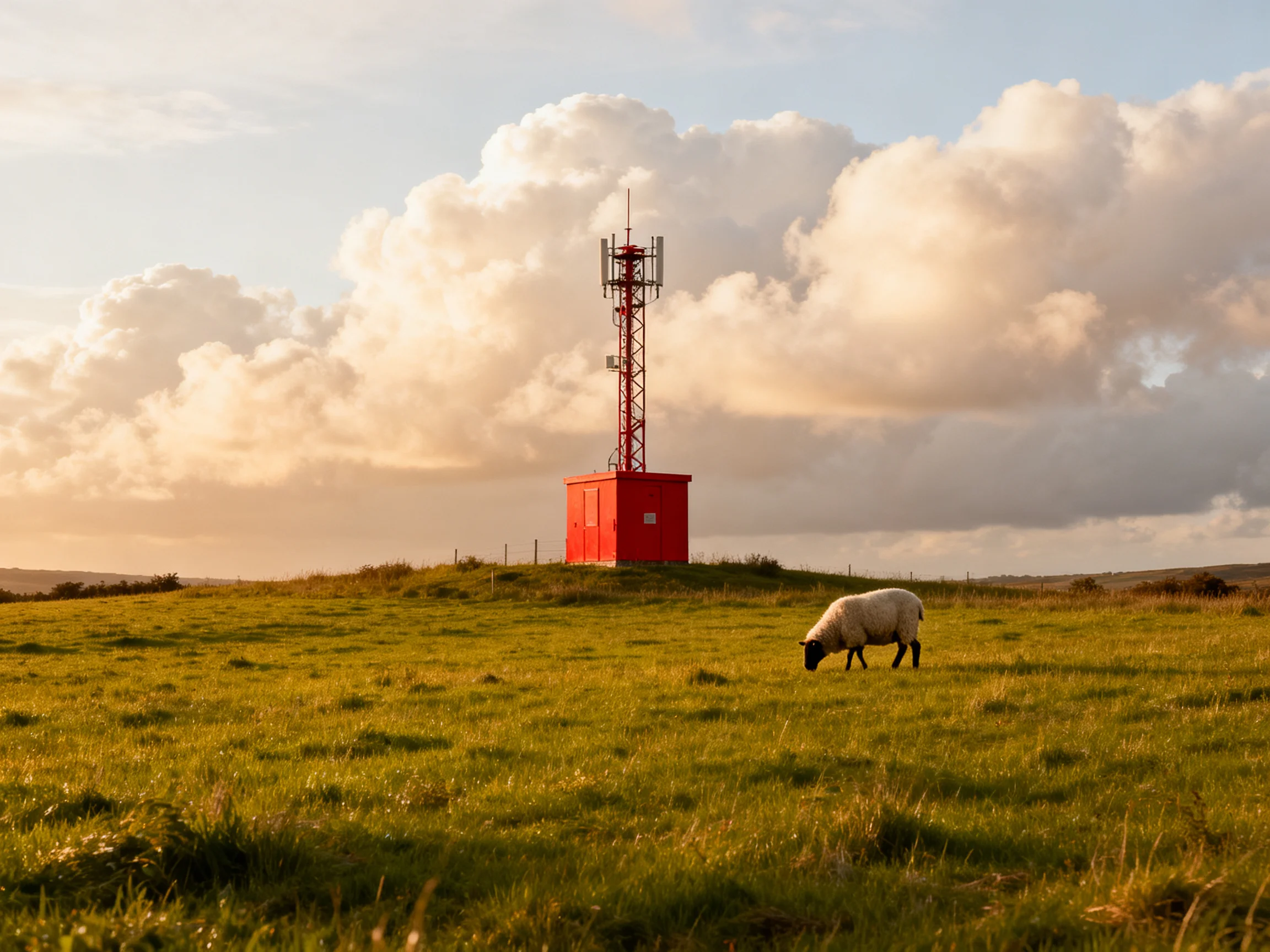 A bright red communication tower stands on a lush green hillside near grazing sheep
