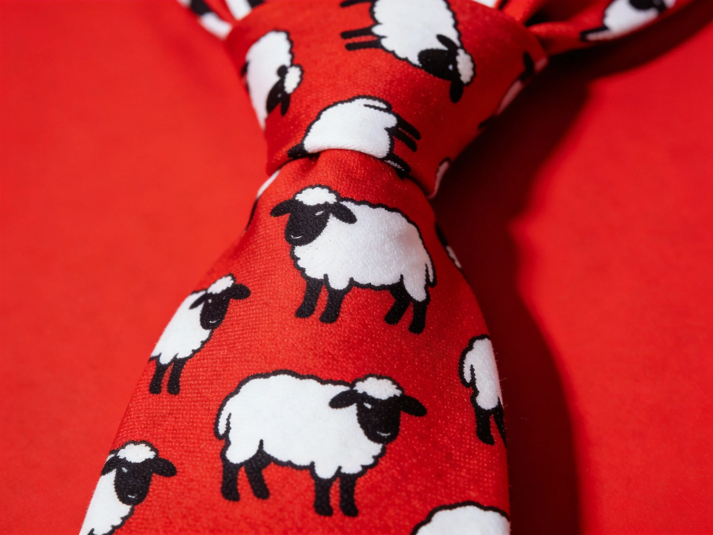 A bright red necktie adorned with white sheep illustrations
