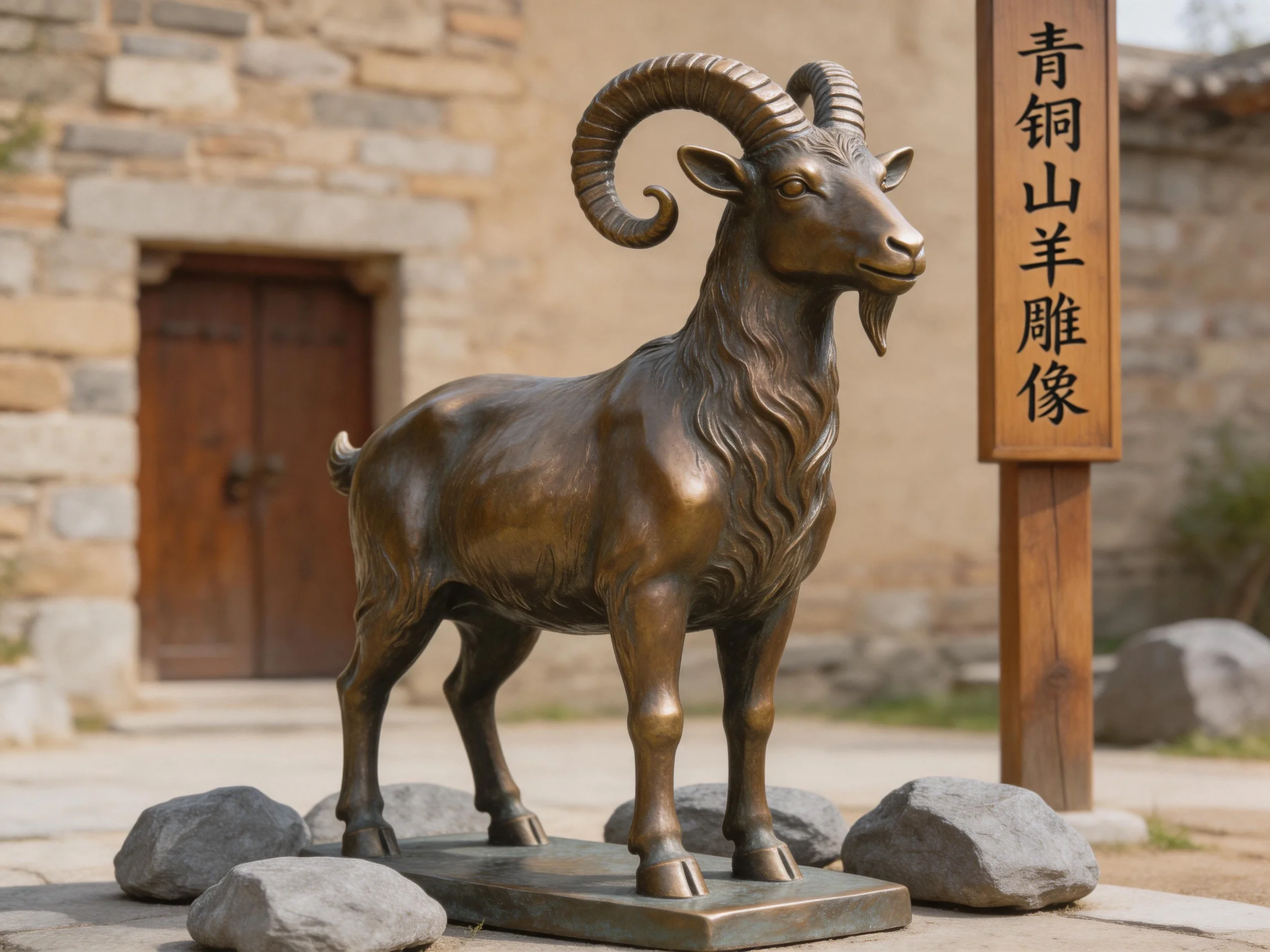 A bronze goat statue with prominent curled horns