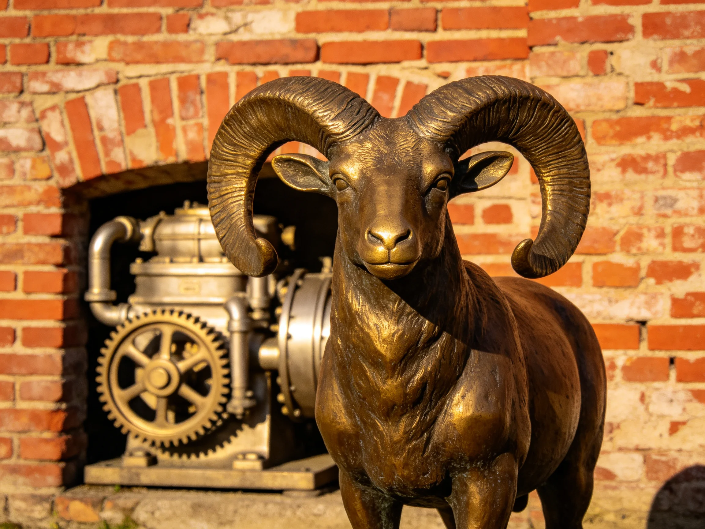 A bronze ram sculpture beside aged brick and industrial equipment