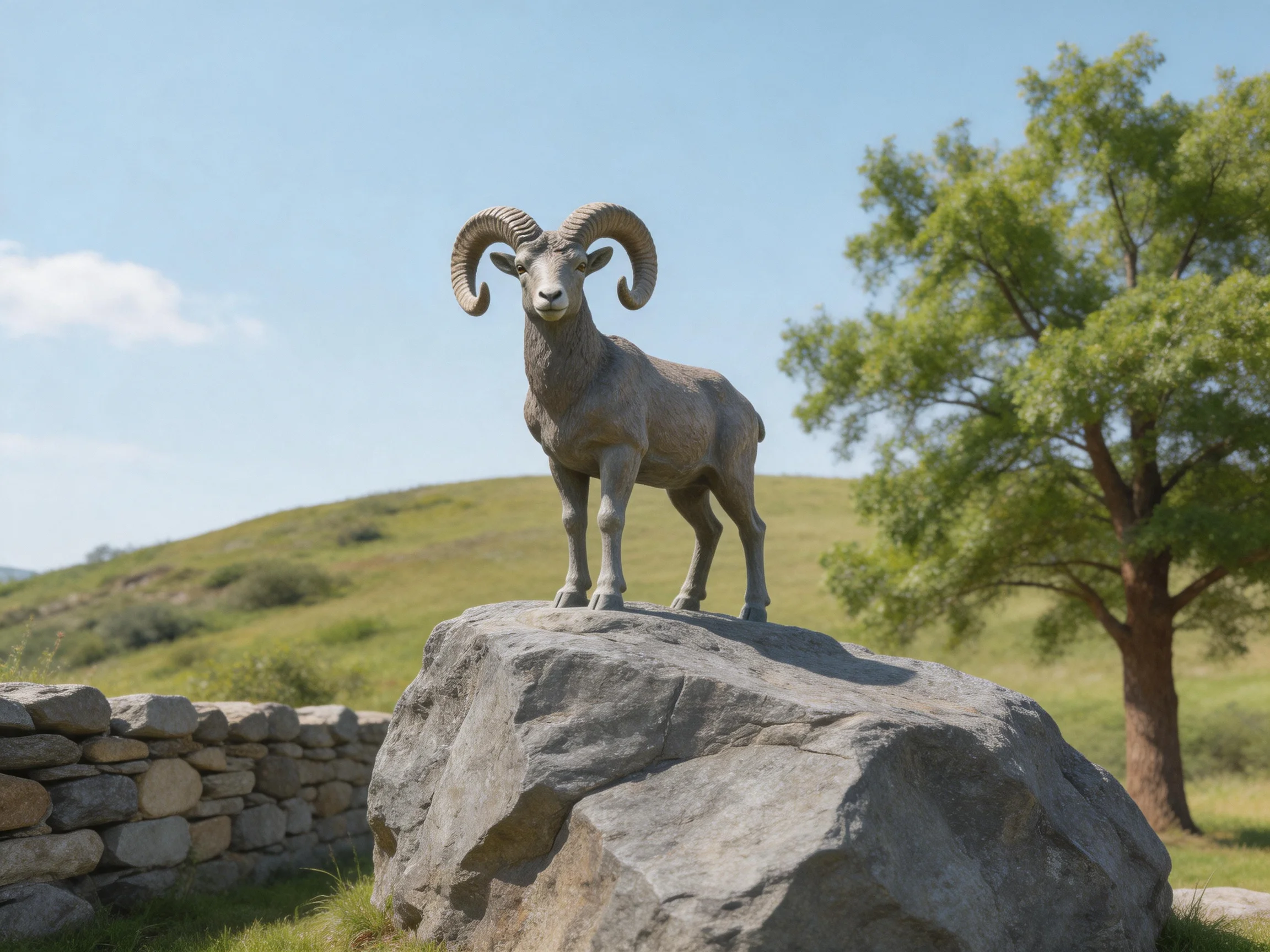 A bronze ram statue atop a large rock in a green landscape