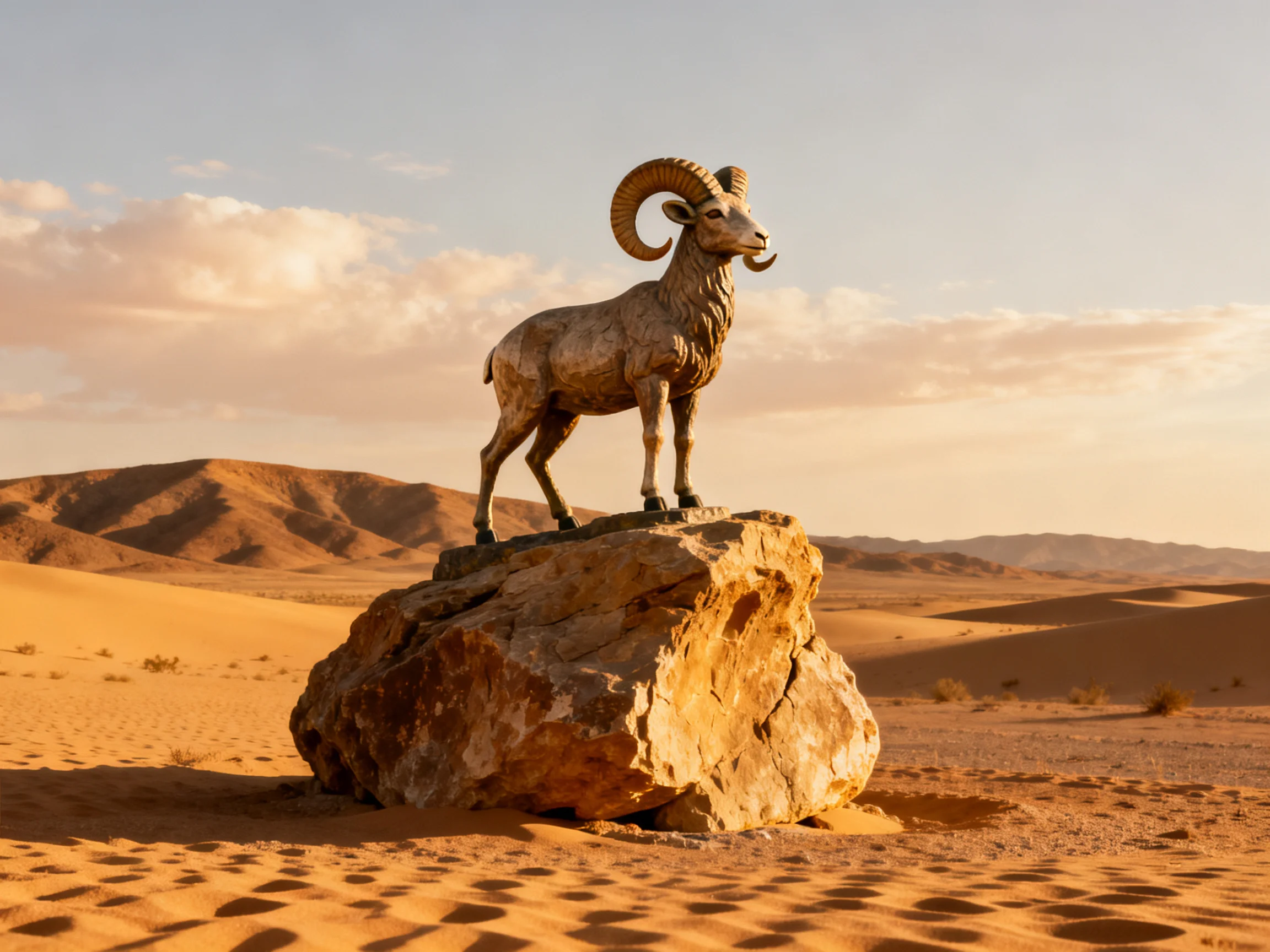 A bronze ram statue atop a rocky outcrop in golden desert sands