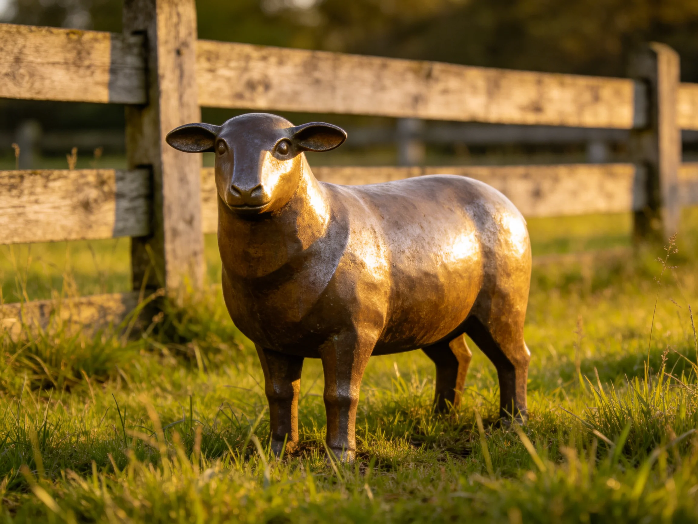 A bronze sheep statue near a weathered wooden fence in a grassy field