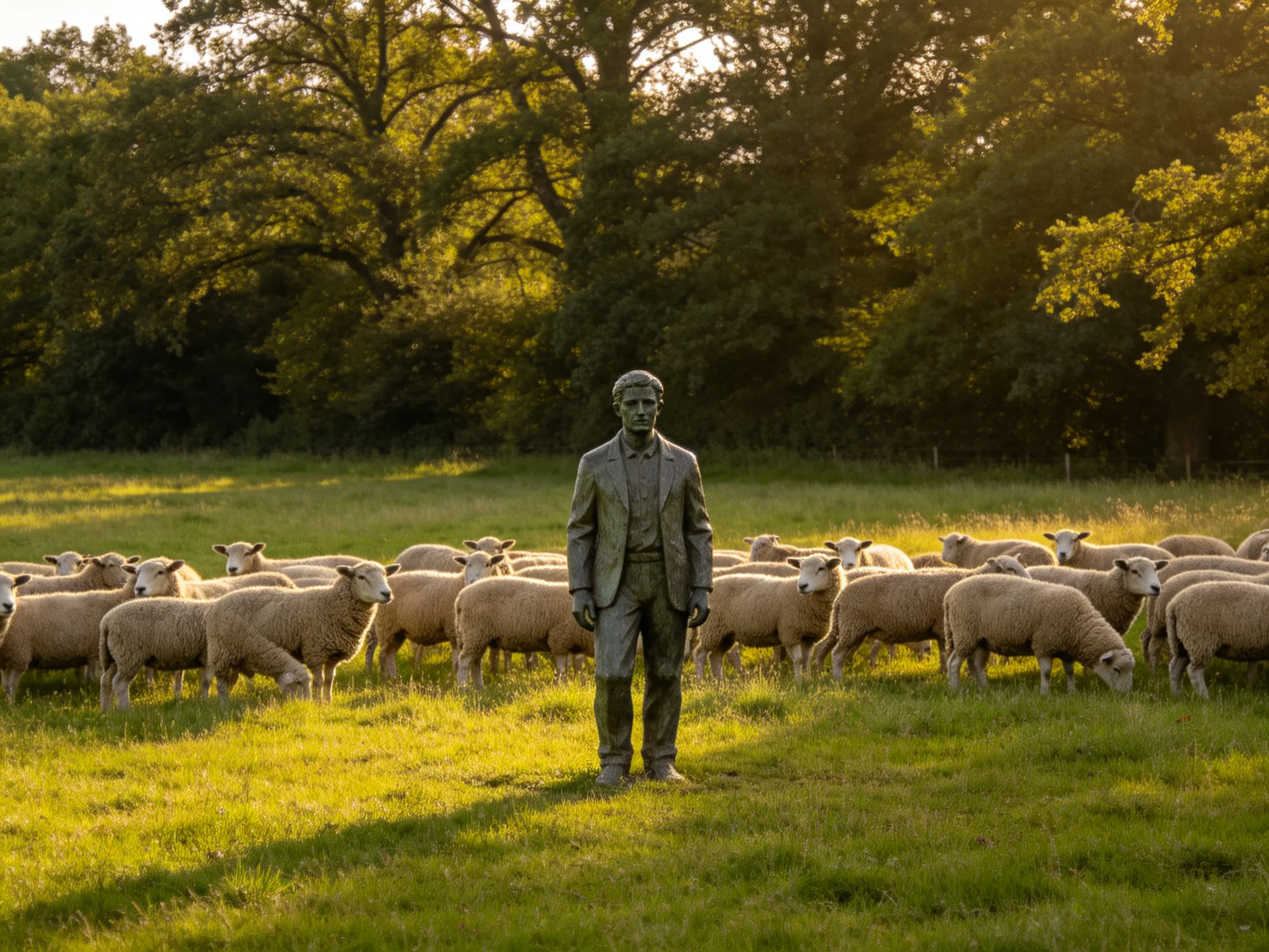 A bronze statue stands amid a flock of sheep in a sunlit meadow