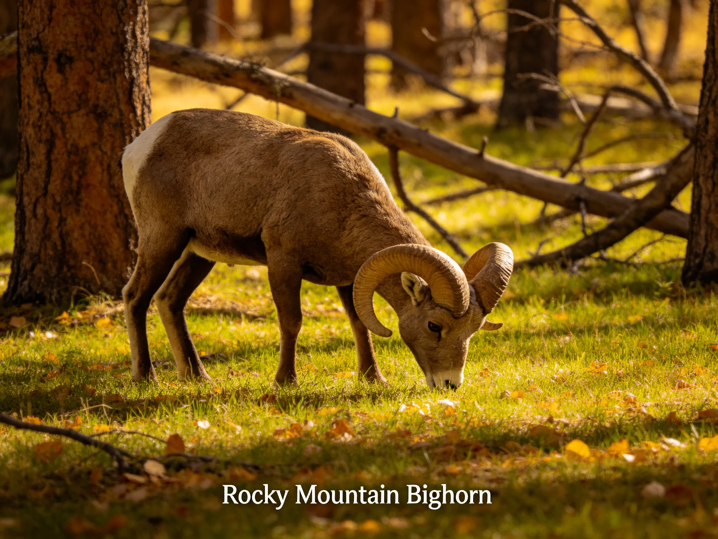 A brown Rocky Mountain Bighorn grazes in a sunlit forest clearing
