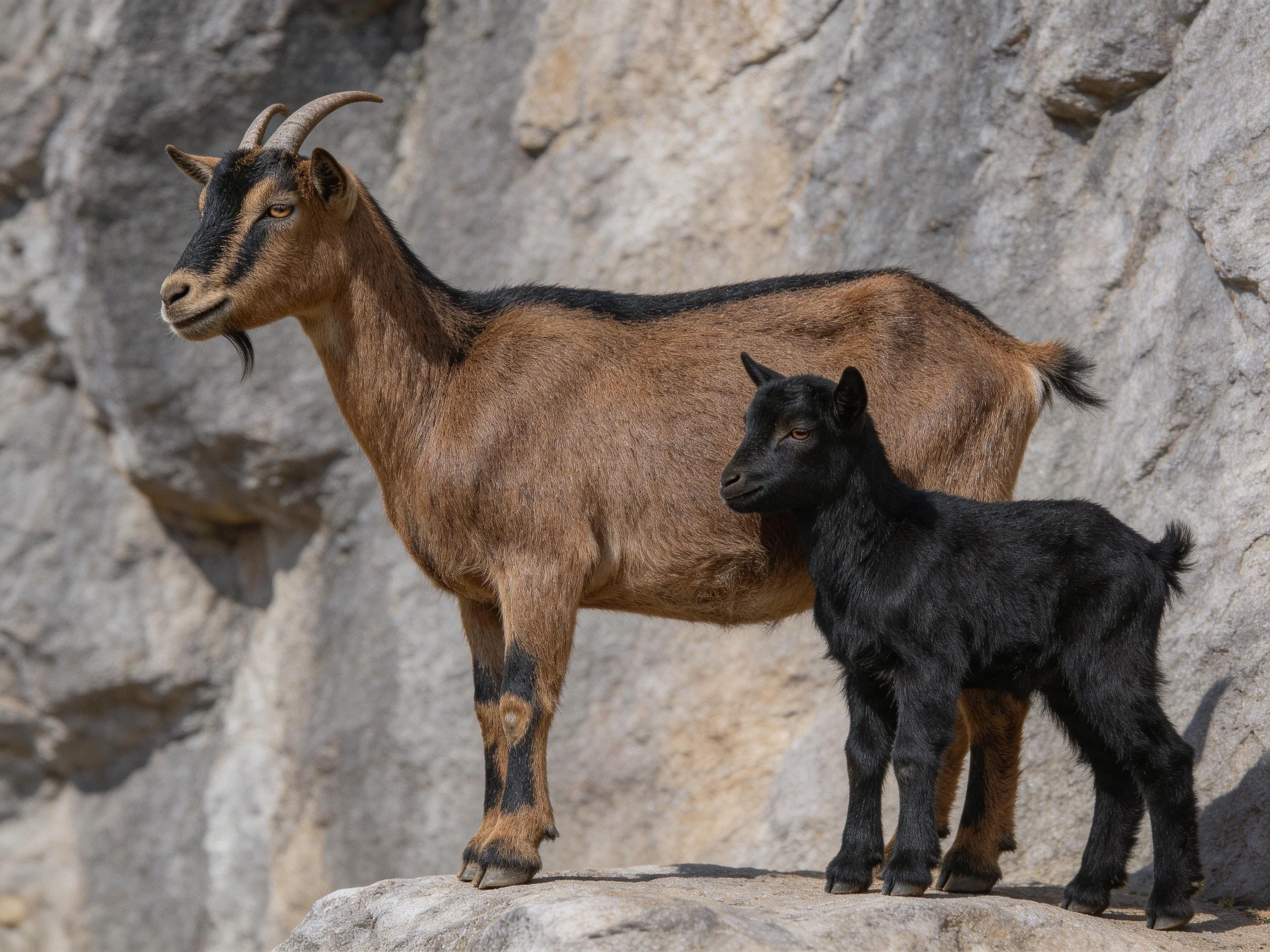 A brown adult goat and black kid stand on rocky cliffs