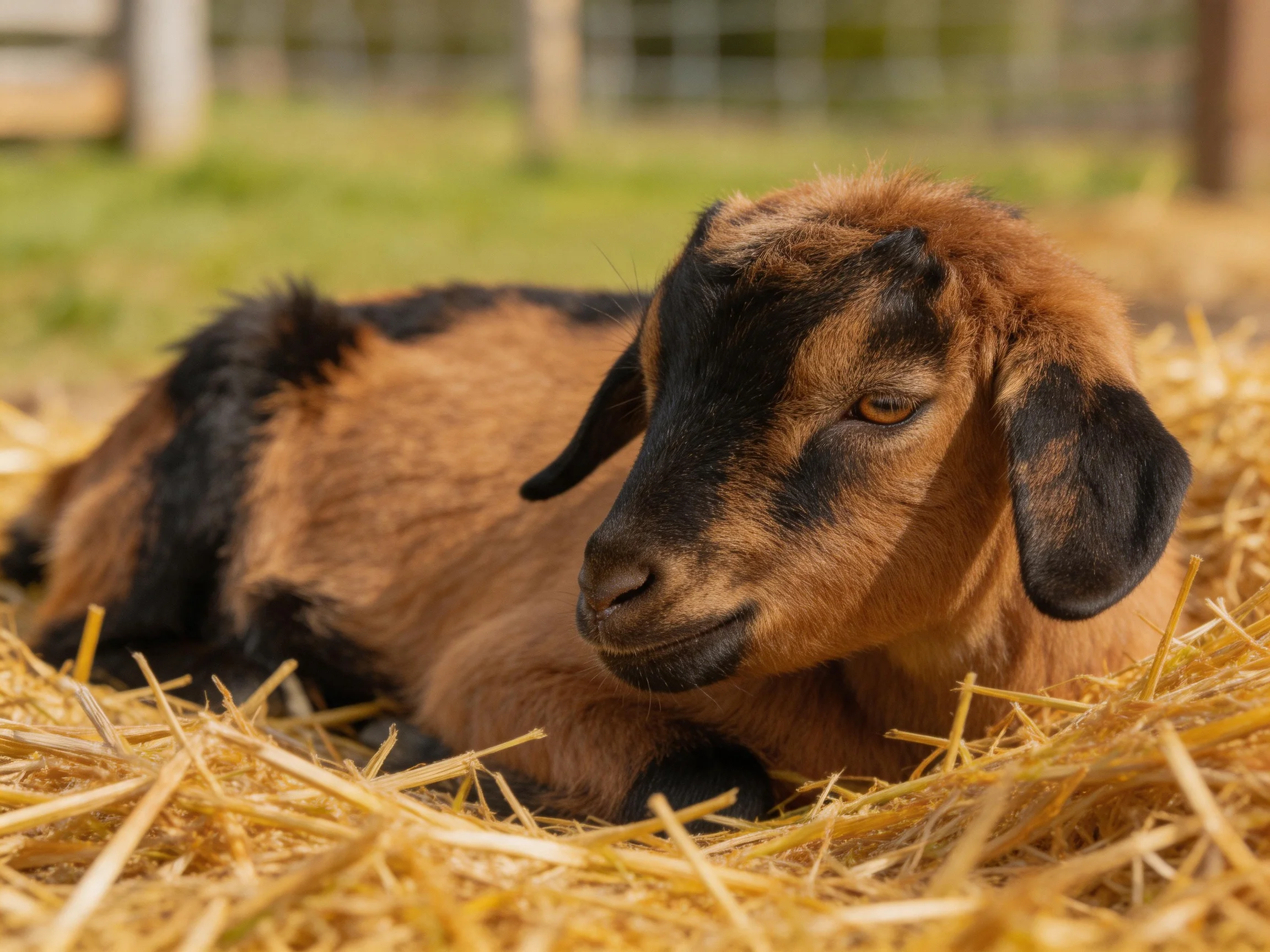 A brown and black baby goat resting on golden straw