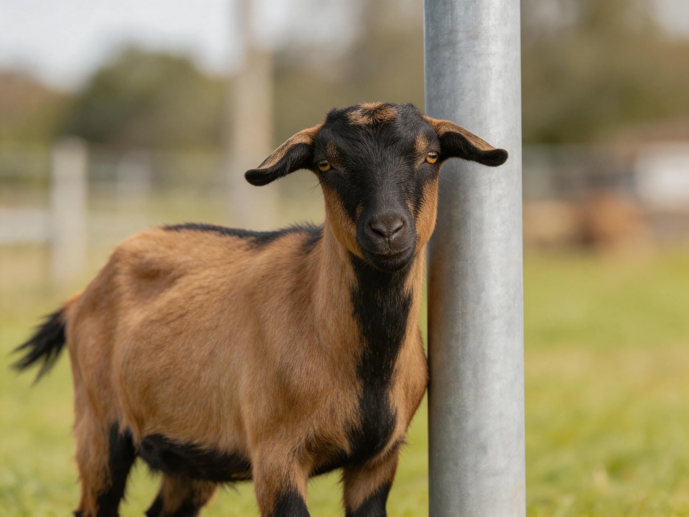 A brown and black goat leaning against a silver pole outdoors