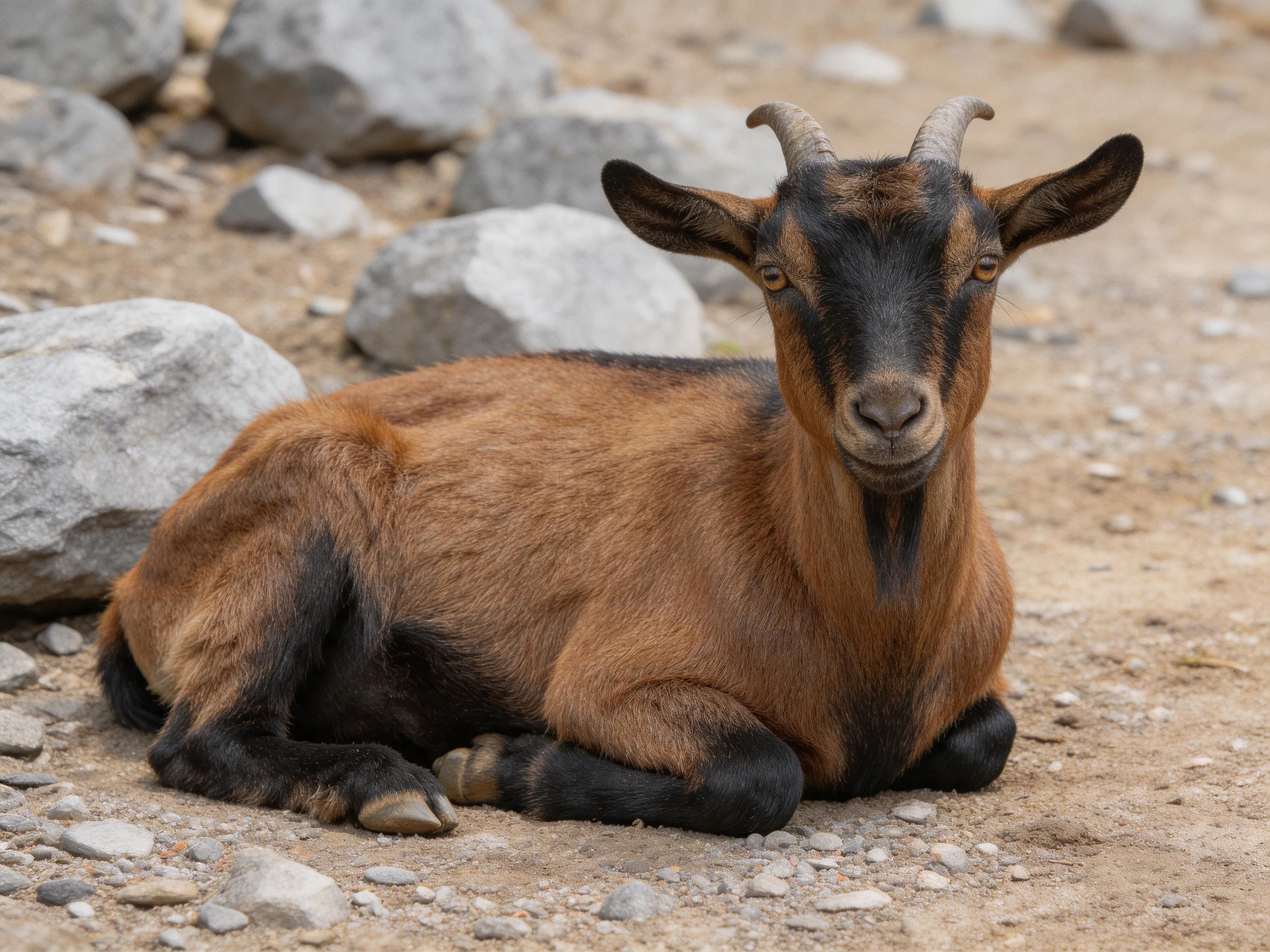 A brown and black goat rests near large gray rocks