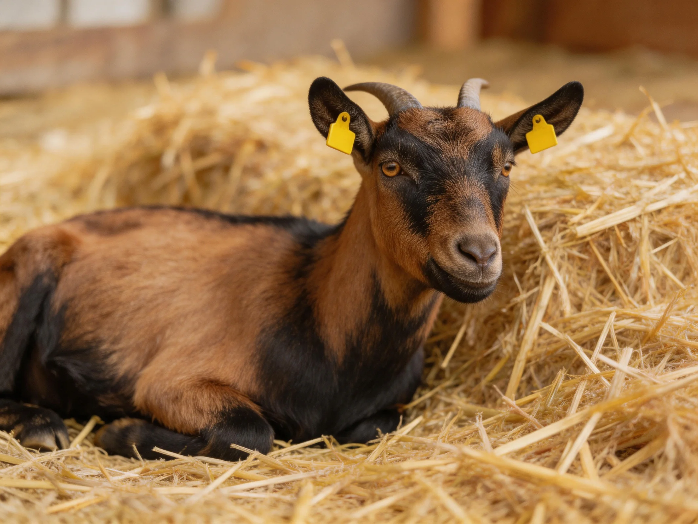 A brown and black goat rests on golden straw bedding