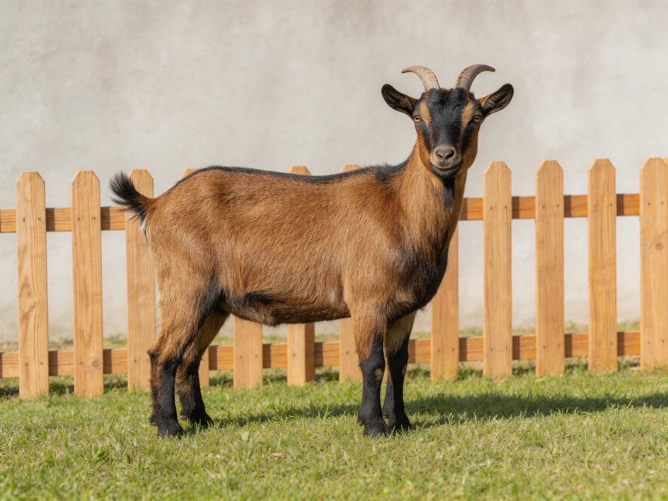A brown and black goat stands neara wooden picket fence on green grass