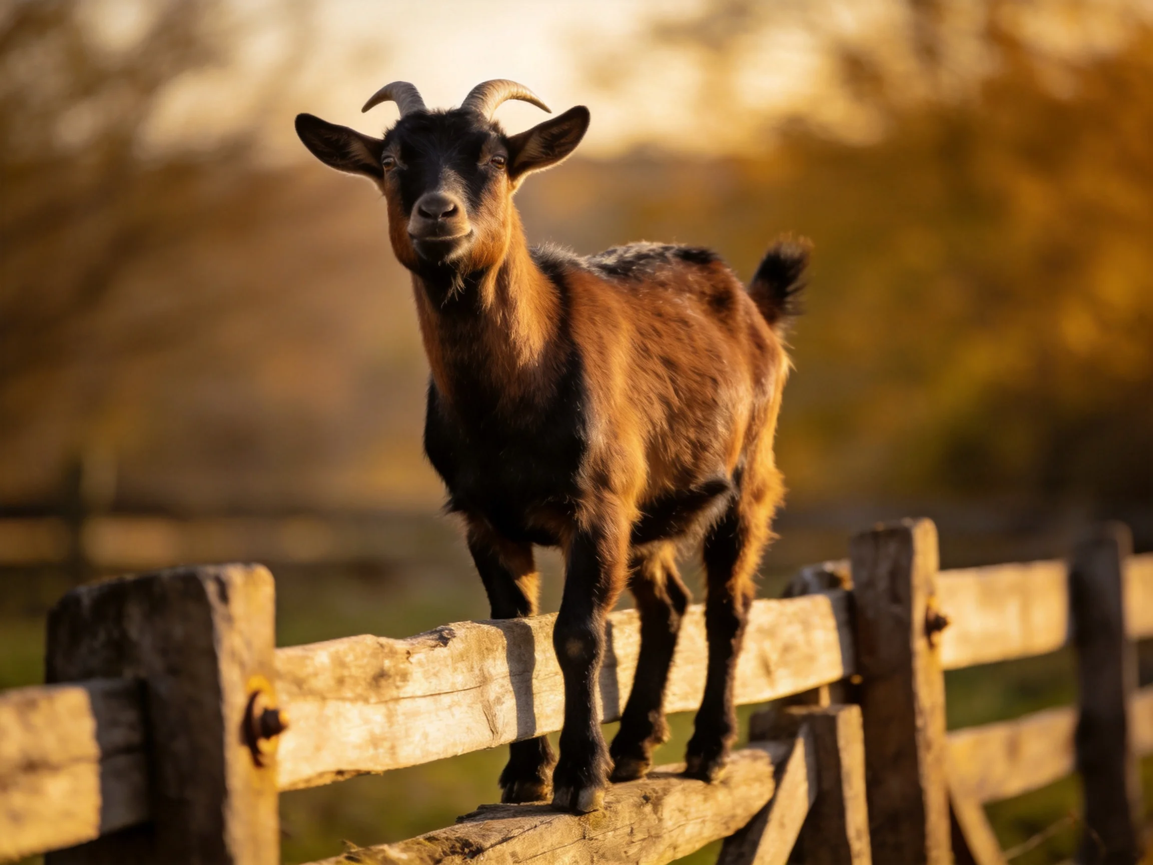 A brown and black goat stands on a rustic wooden fence