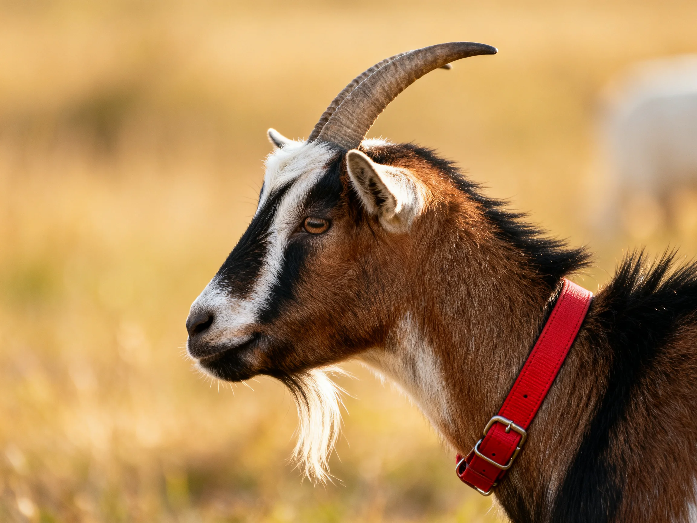A brown and black goat with a red collar in a golden field