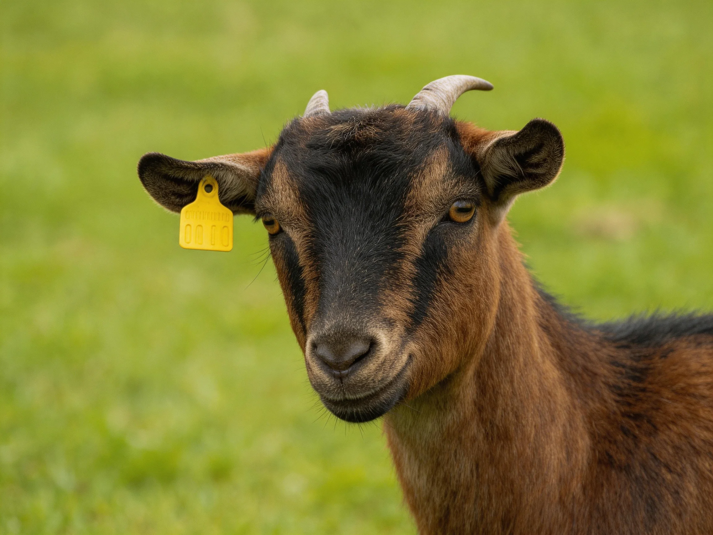 A brown and black goat with curved horns in a green field