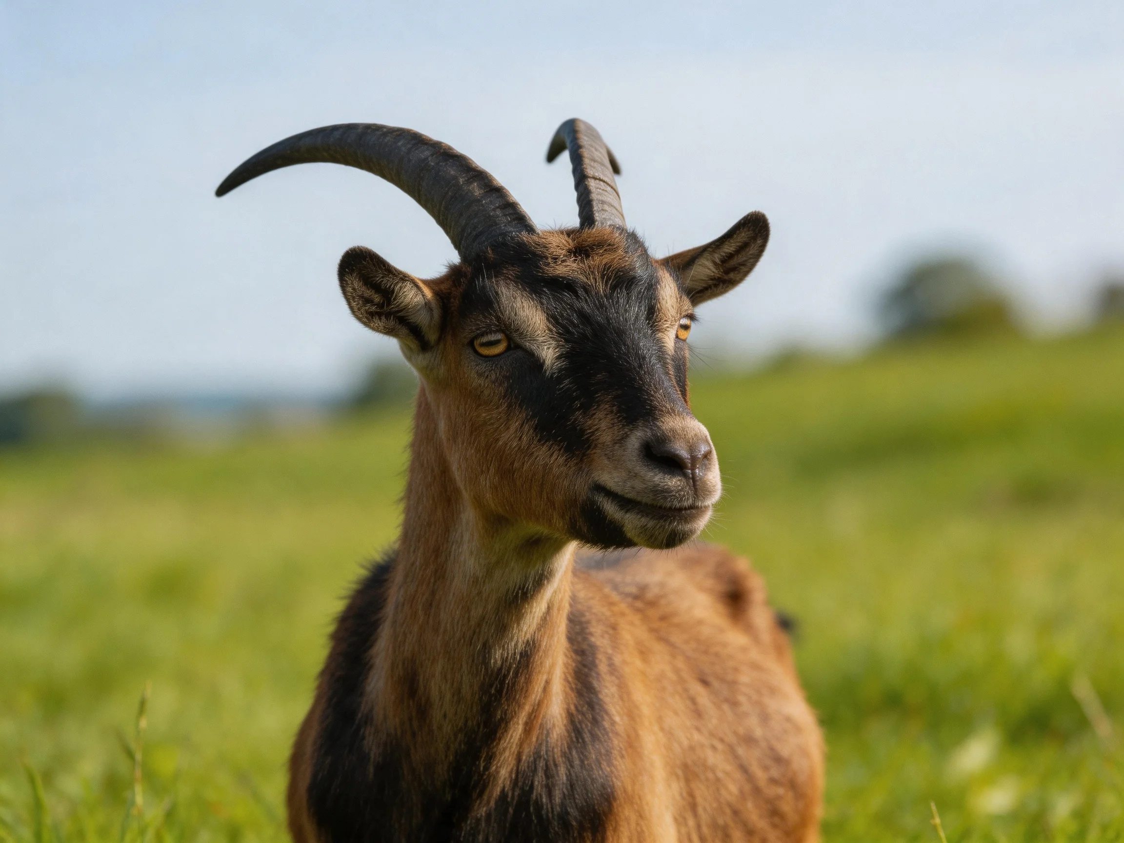 A brown-and-black goat with curved horns in a green meadow