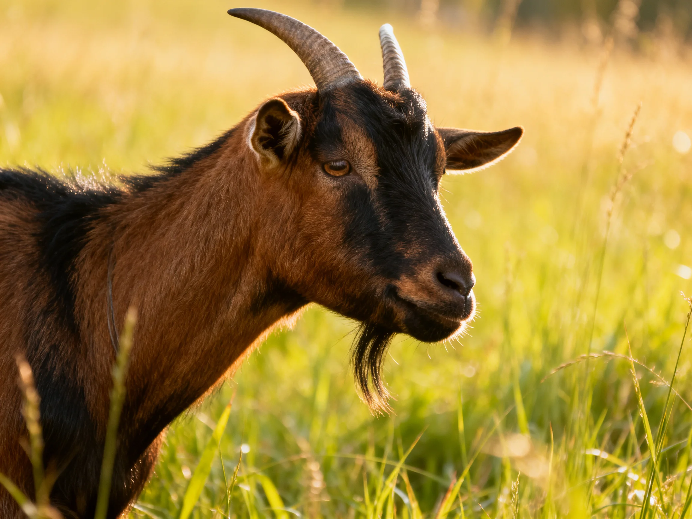 A brown and black goat with curved horns in a sunlit meadow
