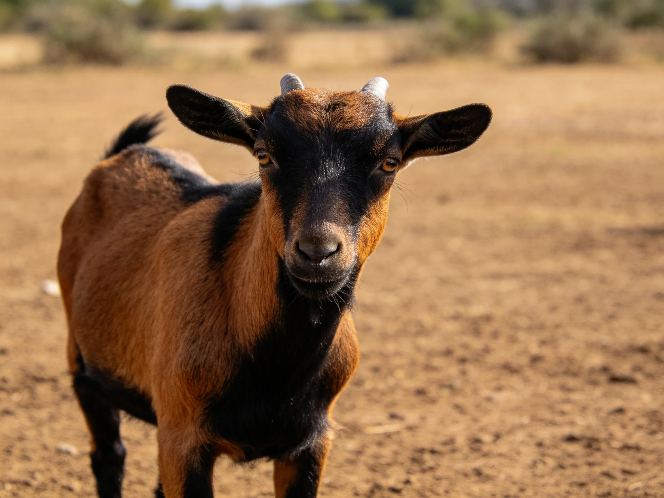 A brown and black goat with small horns on dry terrain