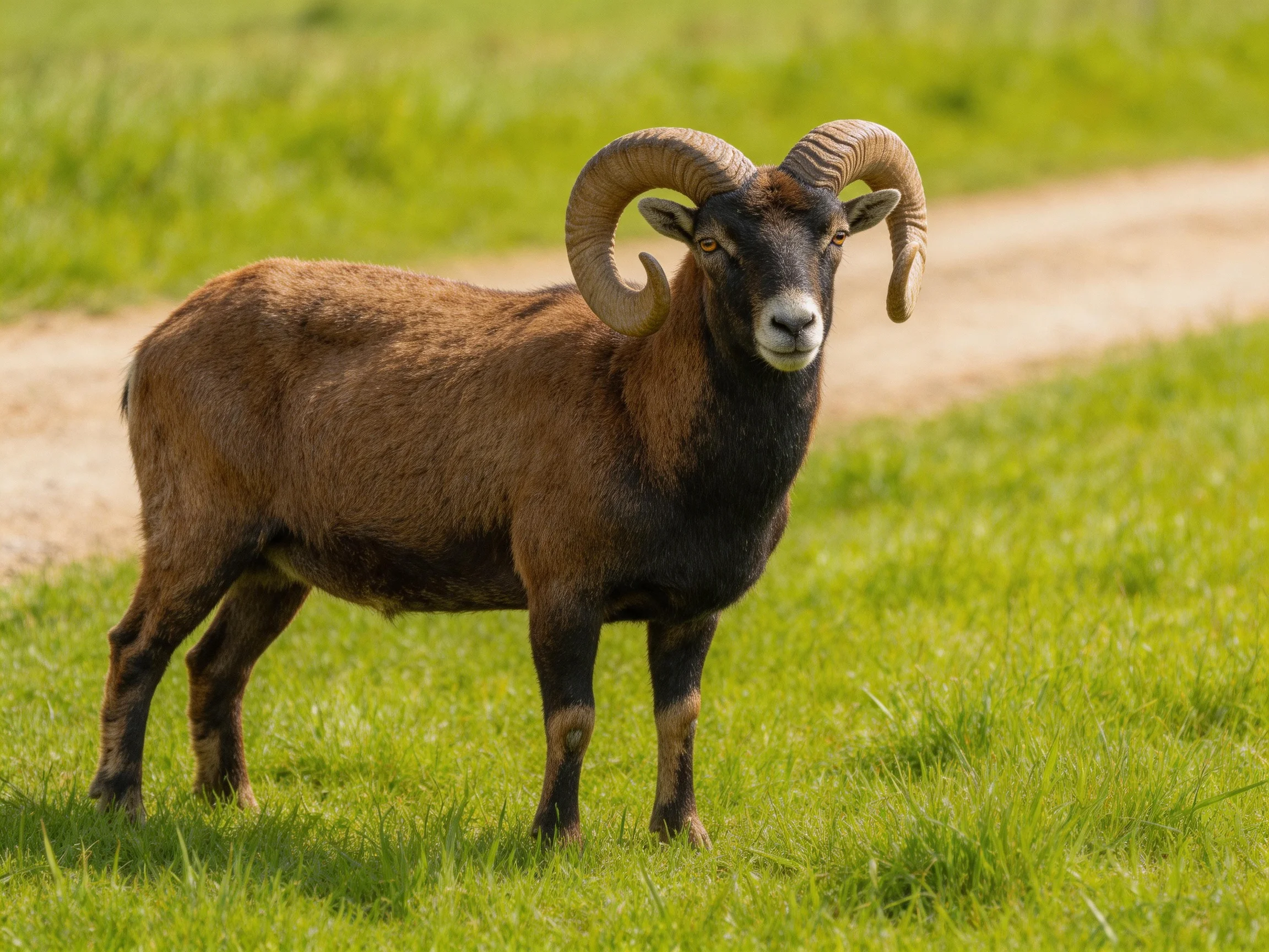 A brown and black horned goat stands on green grass near a dirt path