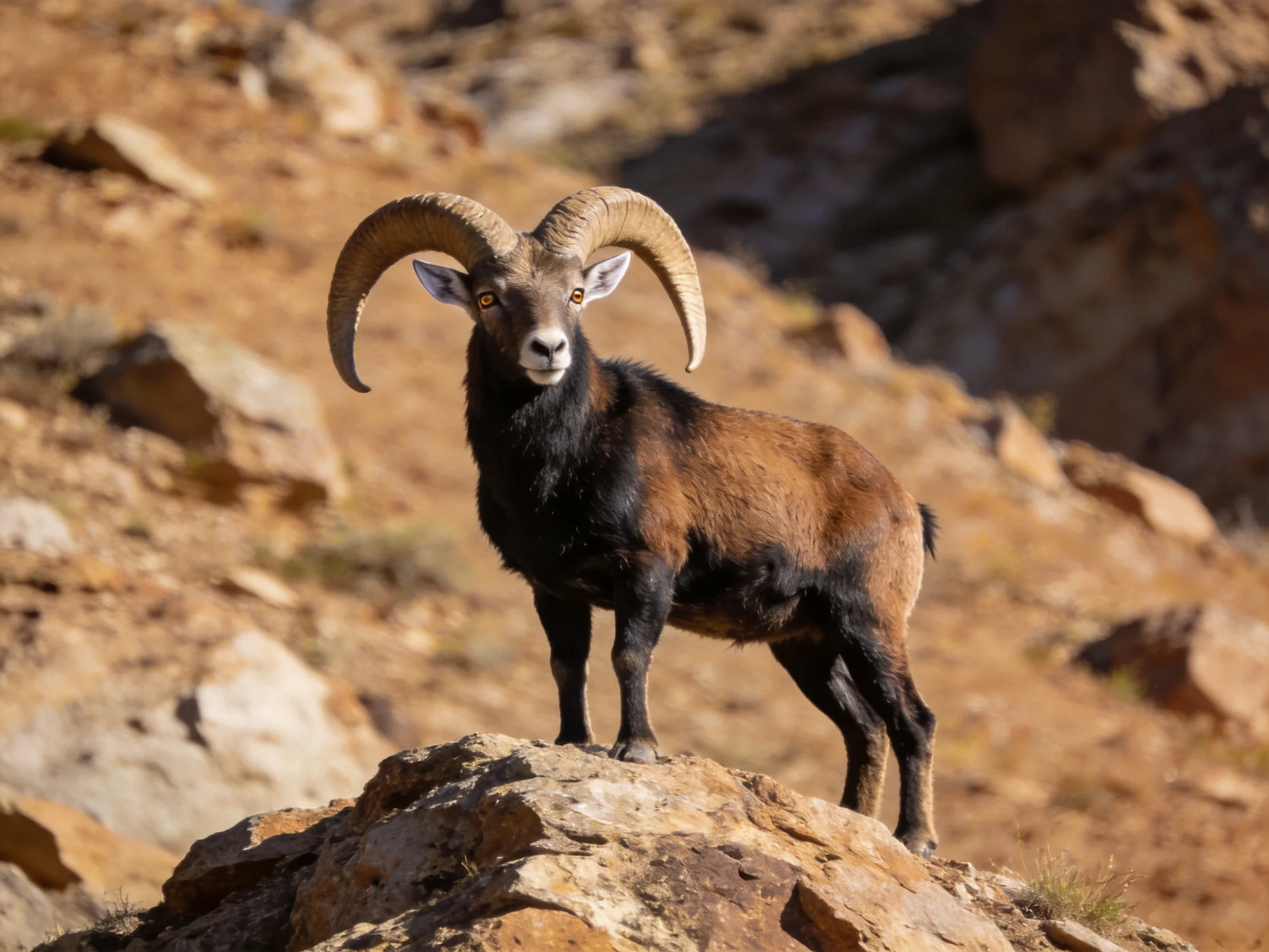 A brown and black horned goat stands on rugged rocks